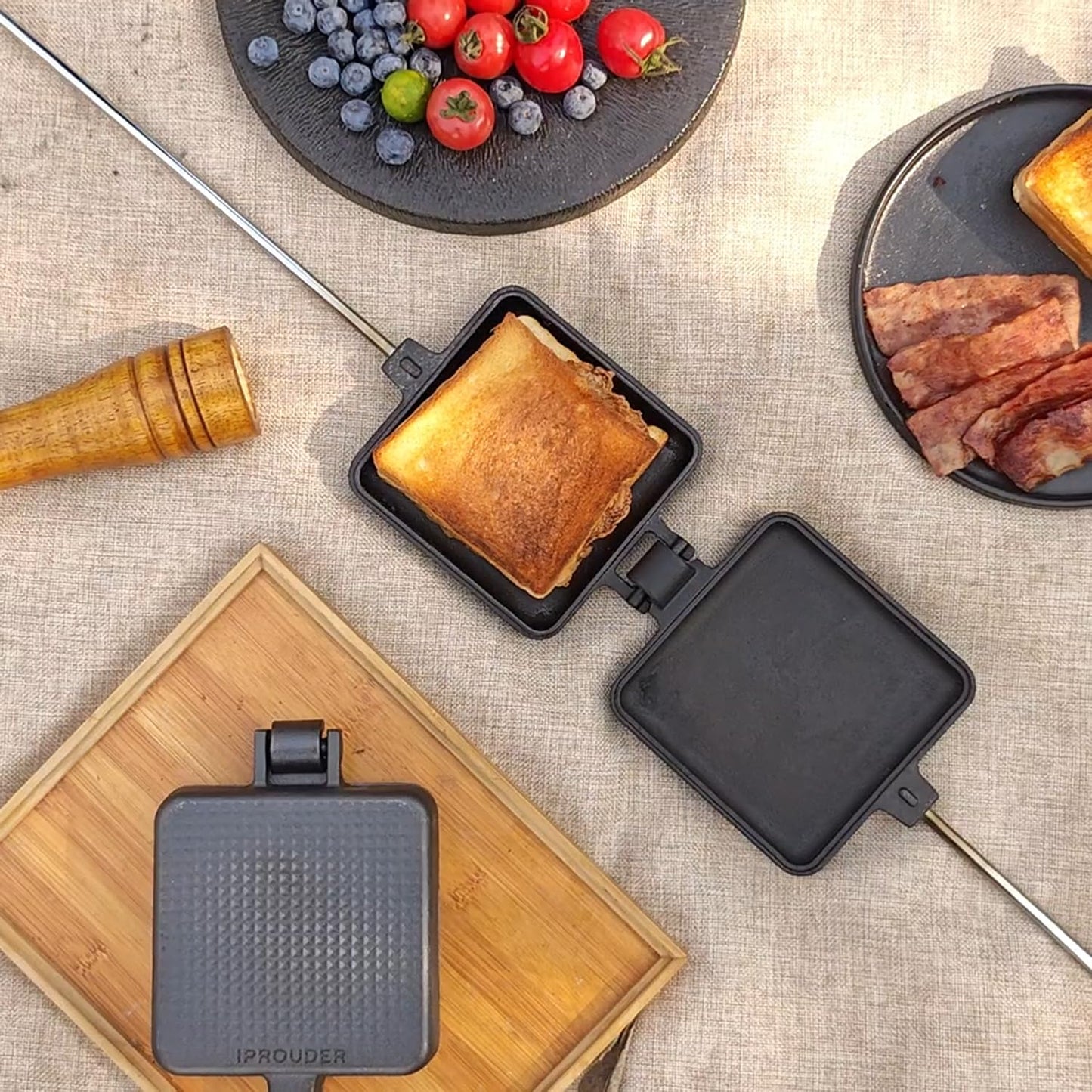 IPROUDER Campfire Pie Iron 4.9" & 8.6" Large Cast Iron Sandwich Maker for Camping 2 Pcs with Storage Bag - 22.6 inch Thickened Handles - Campfire Cooking Equipment for Grilling & Outdoor Cooking
