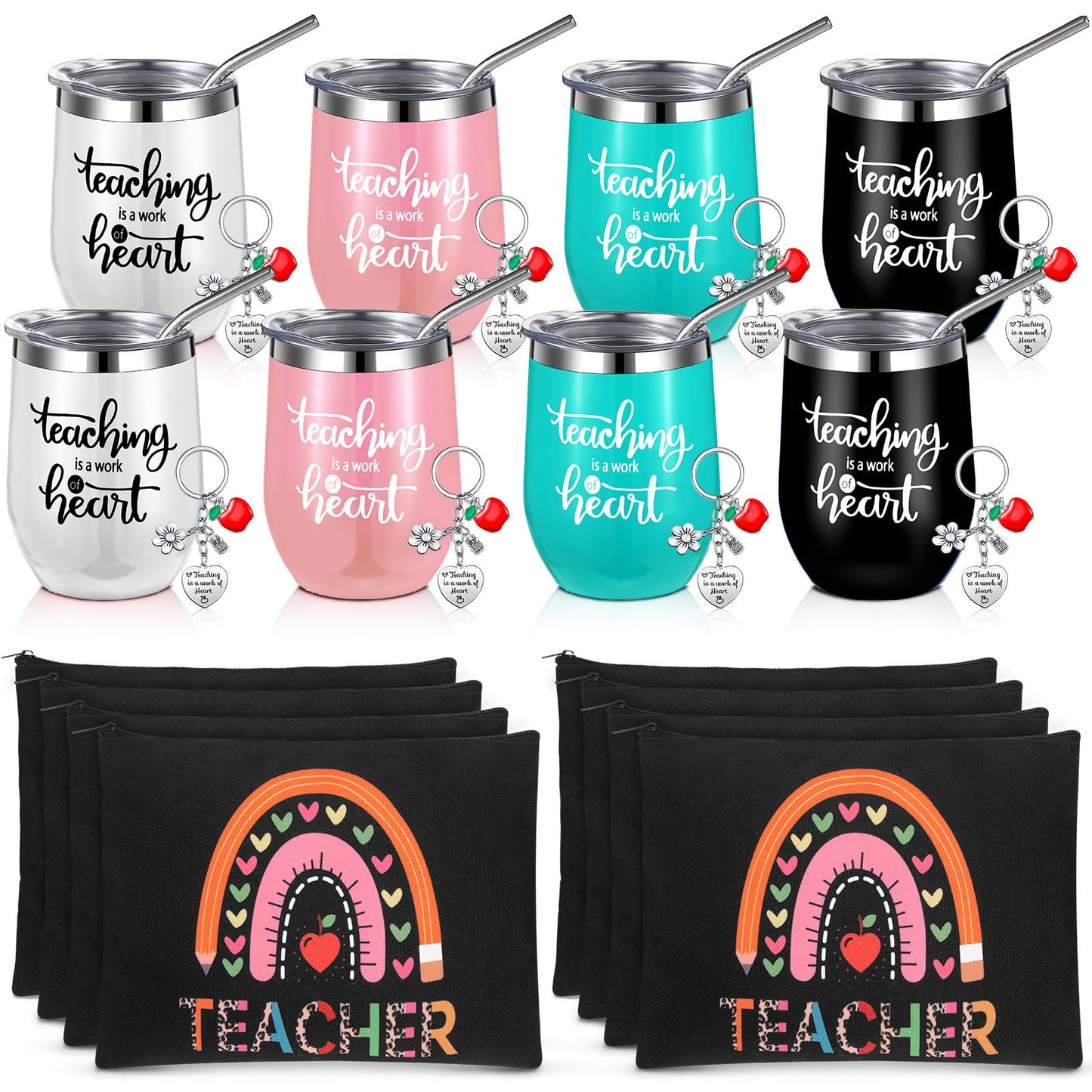 Hoolerry 24 Pcs Teachers Appreciation Gifts Bulk, 12 oz Thank You Tumblers for Graduation Gifts, Teacher Coffee Mug and cosmetic bag keychain for Women Supplies Gift
