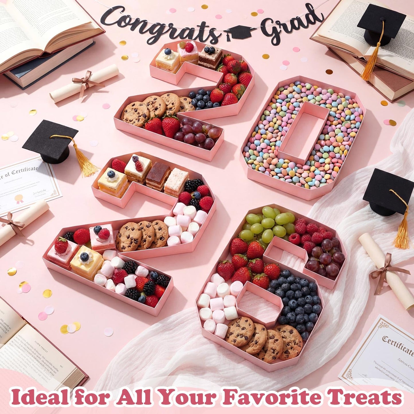 Mooliwe 4 Pcs 2026 Graduation Fillable Numbers for Charcuterie Class of 2026 Cardboard Number Grad Charcuterie Board Serving Trays Graduation Food Box for Tray Party Supplies(Pink)
