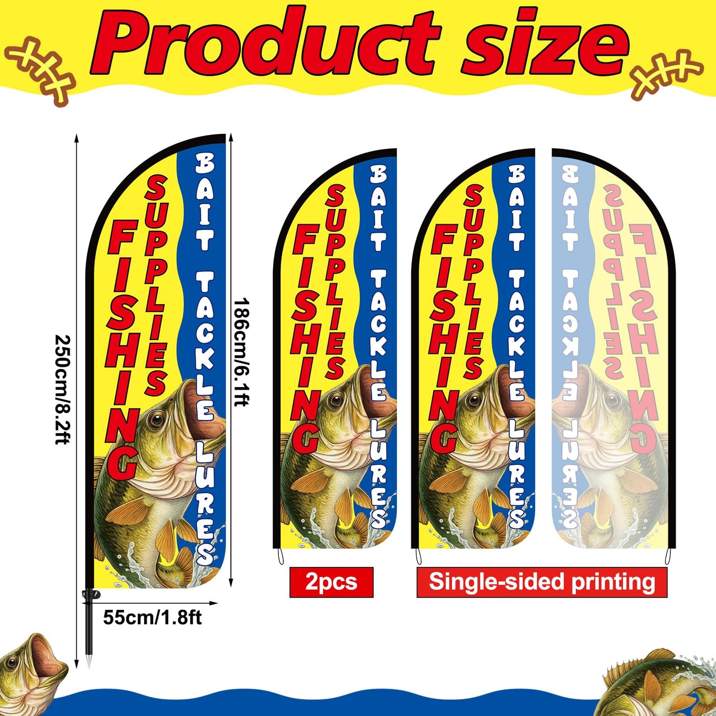 Boao 2 Pcs 8.2 ft Fishing Supplies Bait Tackle Lures Licenses Windless Feather Banner Flag Kit Fishing Supplies Sign Banner with Pole Kit and Ground Stake Swooper Flag with Aluminum Alloy Flagpole