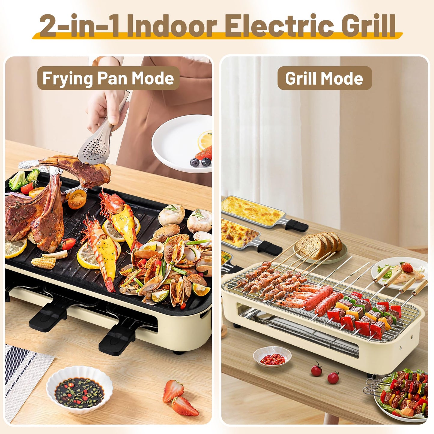 Pukomc Electric Indoor Grill,2 in 1 Indoor Grills for Kitchen with Grill Net & Non-Stick Cooking Removable Plate, Temperature Control, Dishwasher Safe, 1800W Large Smokeless Griddle