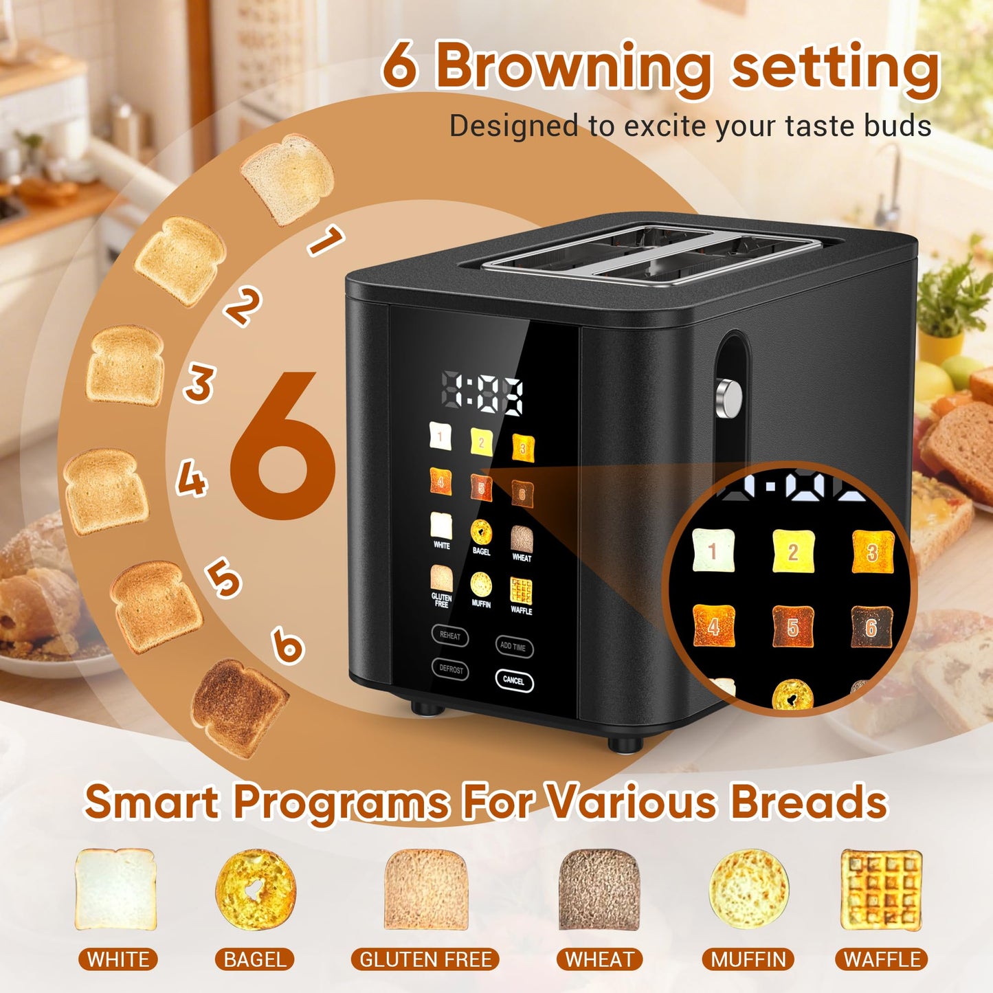 Touch Screen Toaster 2 Slice Black Toaster with Digital Countdown Wide Slot LCD Display 2 Slice Toasters Smart Toasters 6 Shade Settings 6 Bread Type with Reheat/Add Time/Defrost/Cancel Function