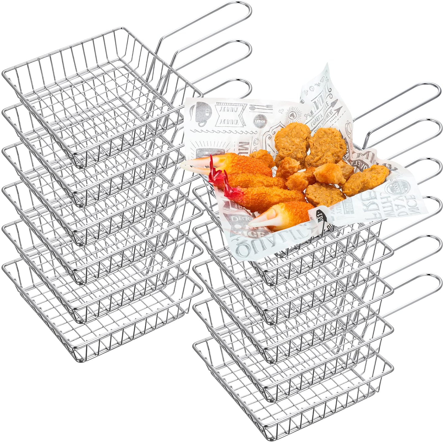 Potchen 12 Pack Mini French Fry Holders Bulk, 5.9 x 5.9 Inch French Fries Baskets with Handle, Mini Fry Serving Wire Baskets for Kitchen Restaurant and Party Table Use