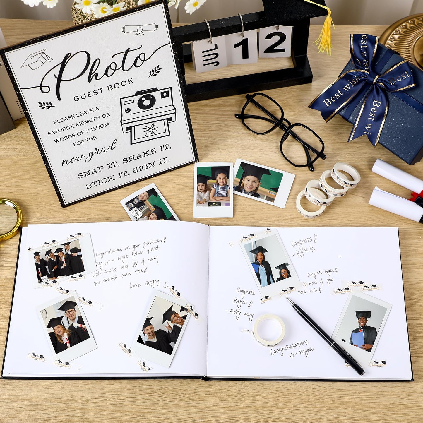 Engrowtic 2026 Graduation Guest Book with Photo Sign Decorations Guest Book Sign 100 Pages Class of 2026 Scrapbook Album DIY Tape Signature Pen for Grad Party(Graduation)
