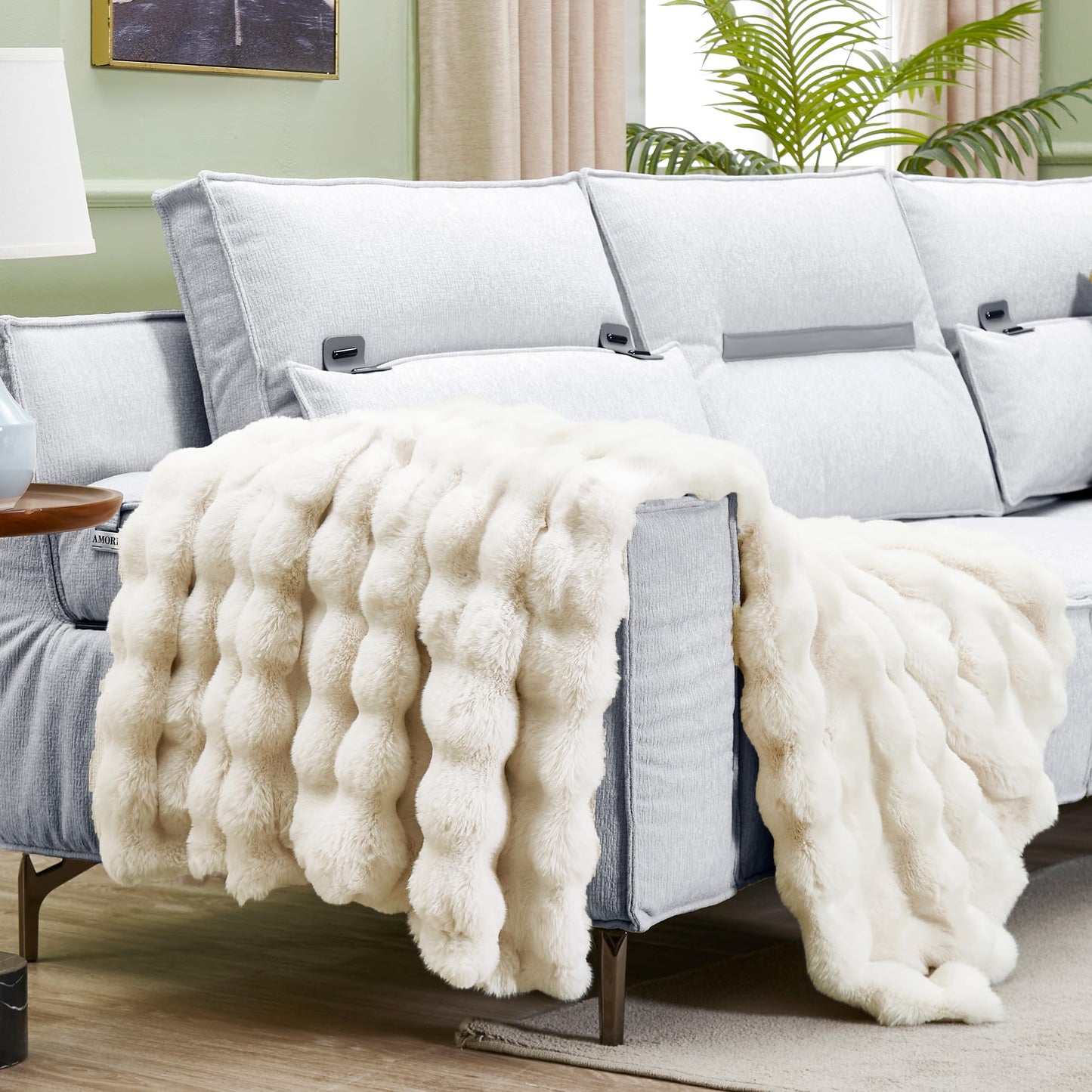 JONIYEAR Soft Fuzzy Bubble Faux Rabbit Fur Throw Blanket for Couch Chair 50" x 60", Reversible Textured Thick Warm Fluffy Blanket for Winter, Luxury Cozy Puffy Shaggy Comfy Furry Blankets, Cream White