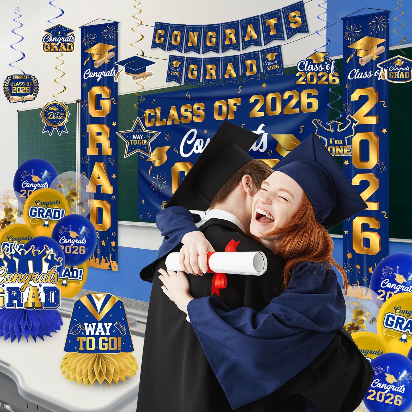 Graduation Decorations 2026 Blue and Gold Graduation Party Decor Set include Congrats Grad Banner Backdrop Class of 2026 Balloons Party Supplies