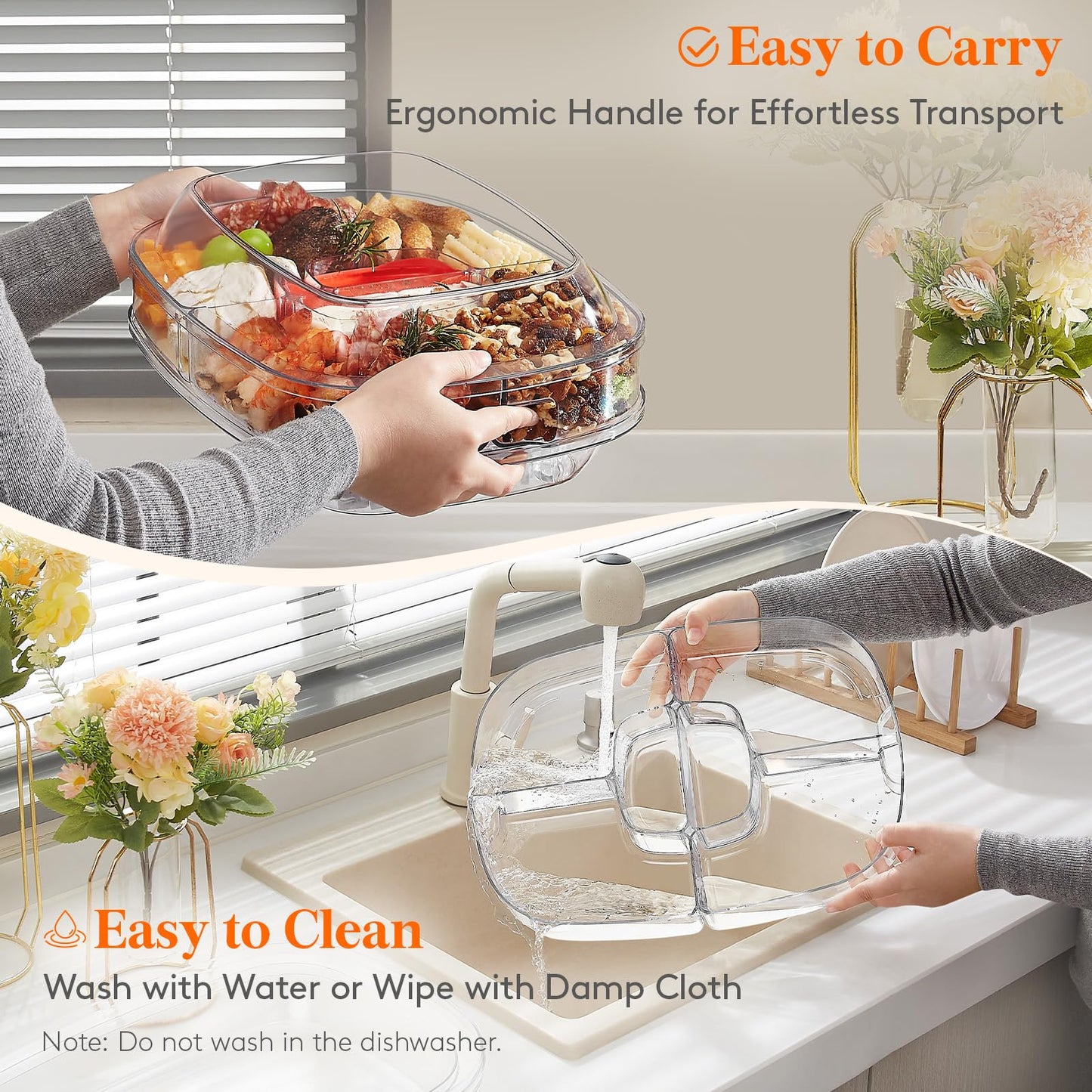 Lifewit Chilled Serving Tray for Parties, 15" Divided Shrimp Cocktail Serving Dish with Lid, Plastic Taco Platter, Ice Serving Bowl for Veggie, Fruit, Salad, Mimosa Bar Supplies in Party/Buffet