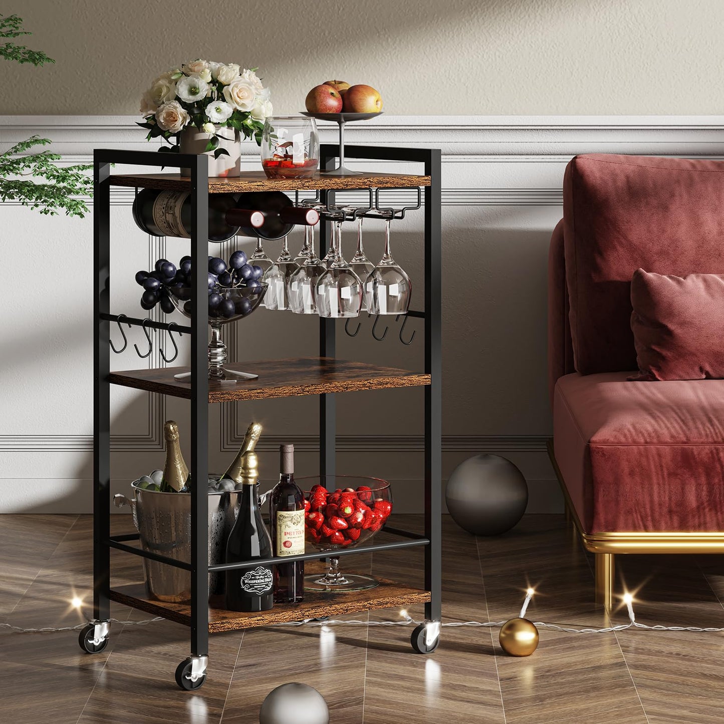 TUTOTAK Bar Cart, Home Bar Serving Cart with 3-Tier Shelf, Drink Cart with Wine Rack, Glass Holder, Rolling bar carts for the Home, Living Room, Brown BC01BB035