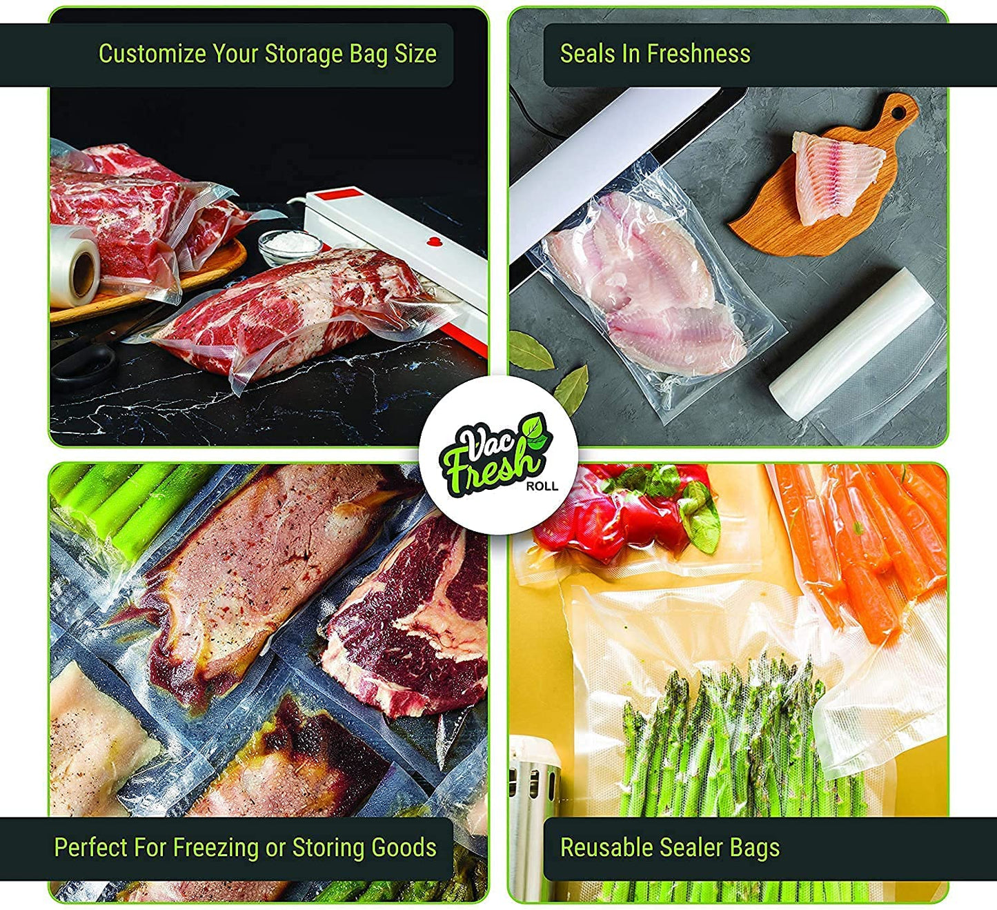 Vac Fresh 15x50 Vacuum Sealer Rolls, Large Vacuum Seal Bags 3.5 mil Thick, 15 inches Wide x 50 Feet Long, Vacuum Seal Bags Roll for Food Storing, Meal Prep, Sous Vide Cooking, Bulk Storage, 2 Rolls