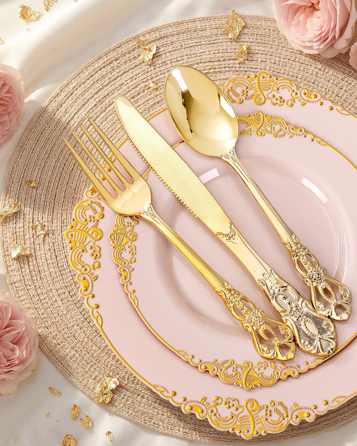 Ciaell 300PCS Pink and Gold Plastic Plates - Pink Disposable Dinnerware Sets for 50 Guests - 100 Plates, 50 Knives, 50 Forks, 50 Spoons, and 50 Napkins for Wedding, Party