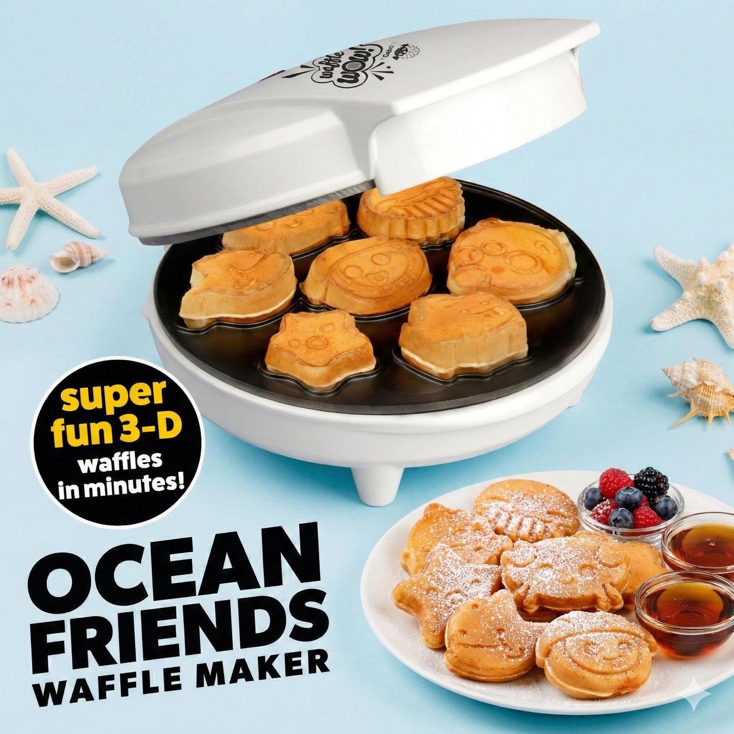 Sea Creature Mini Waffle Maker- Summer Fun, Make 7 Different Ocean Animal Shapes in Minutes- Cool for Kids & Adults w Novelty Aquatic Pancakes- Electric Non-Stick Waffler Iron, Quick & Easy Breakfast