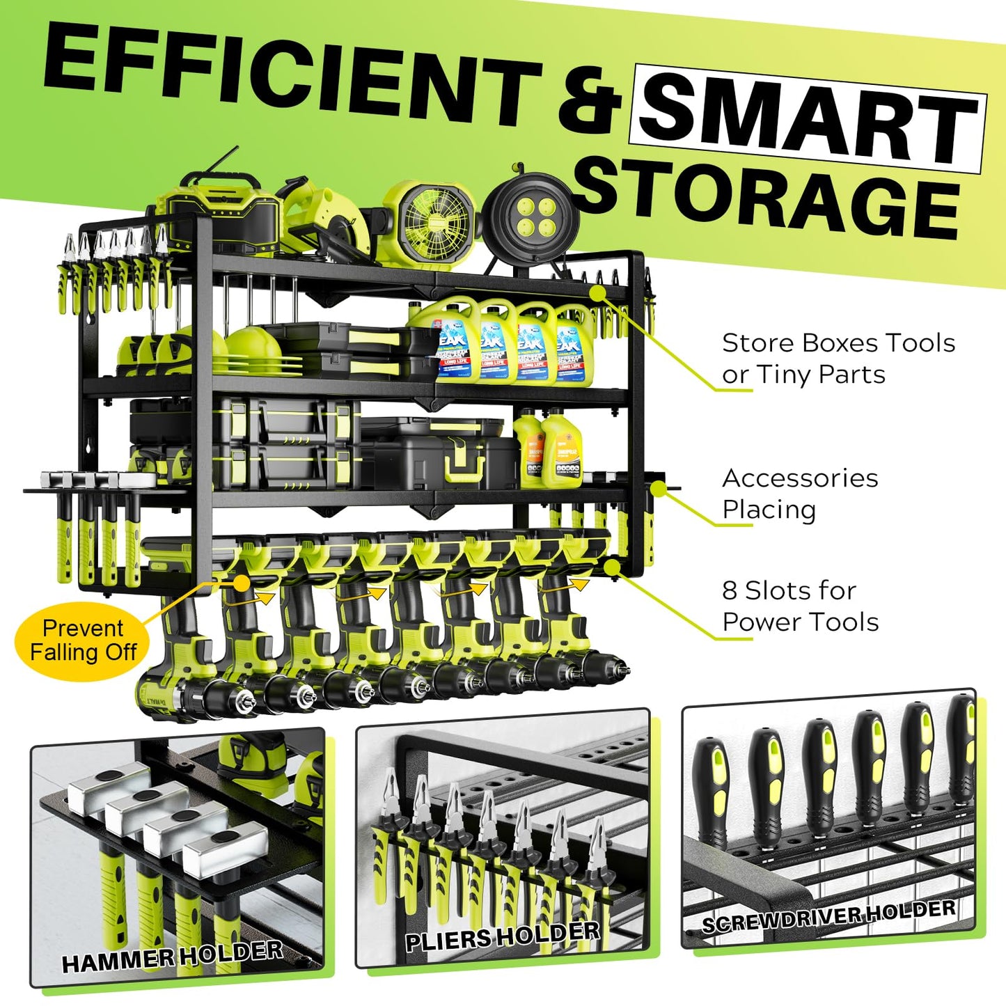 Large Power Tool Organizer Wall Mount, Garage Storage Cordless Tool Organizer with Screwdriver Holder, Heavy Duty Metal Storage Rack with 8 Drill Holder 4 Layer, Gifts for Men Who Have Everything