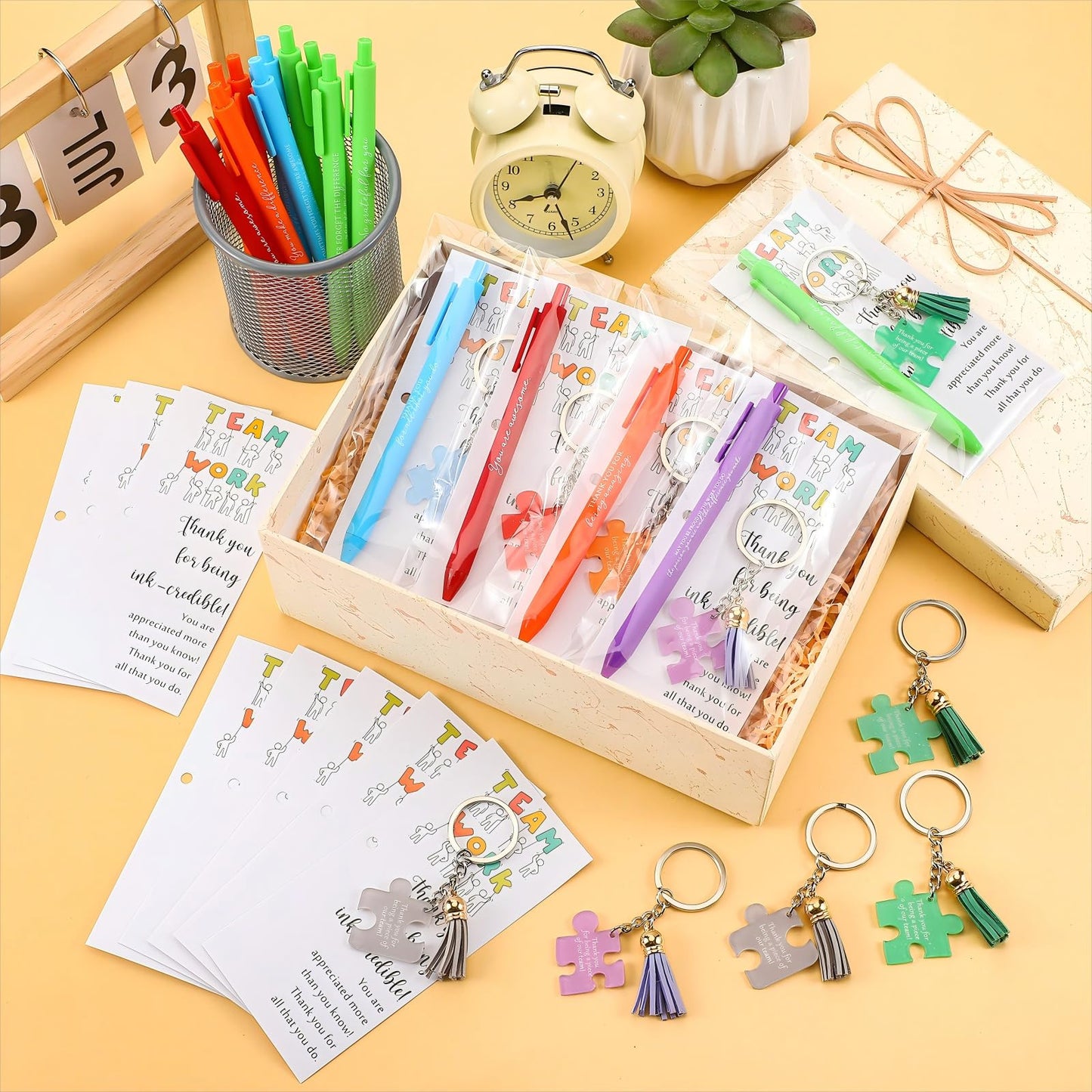 Sayglossy 50 Set CNA Week Gifts Bulk 2026 End of Year Graduation Gifts for Teacher Nursing Assistant Office Staff Appreciation, Team Work Pens & Inspirational Puzzle Piece Keychains & Thank You Cards