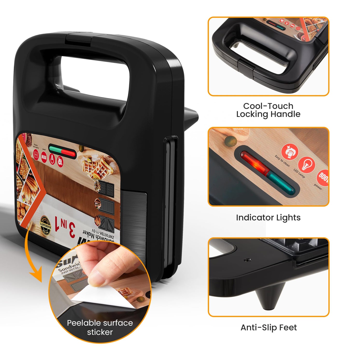 SUNVIVIPRO 3 in 1 Waffle, Grill & Sandwich Maker, Sandwich Maker Panini Press Waffle Iron Set with Removable Non-Stick Plates & Indicator Lights, Panini Press Grill for Breakfast, 800W, Black