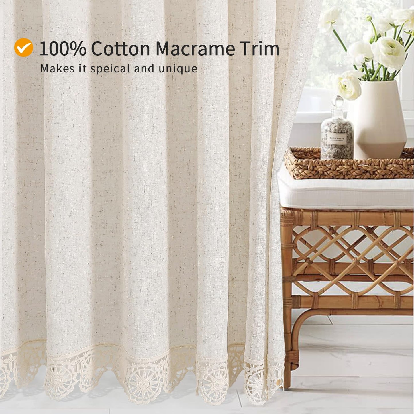 Gibelle Boho Farmhouse Shower Curtain Set, Linen Cotton Fabric Shower Curtain with Macrame Lace Decor, Modern Bohemian French Country Chic Bathroom Curtain with PEVA Liner 72x72 - Beige/Cream