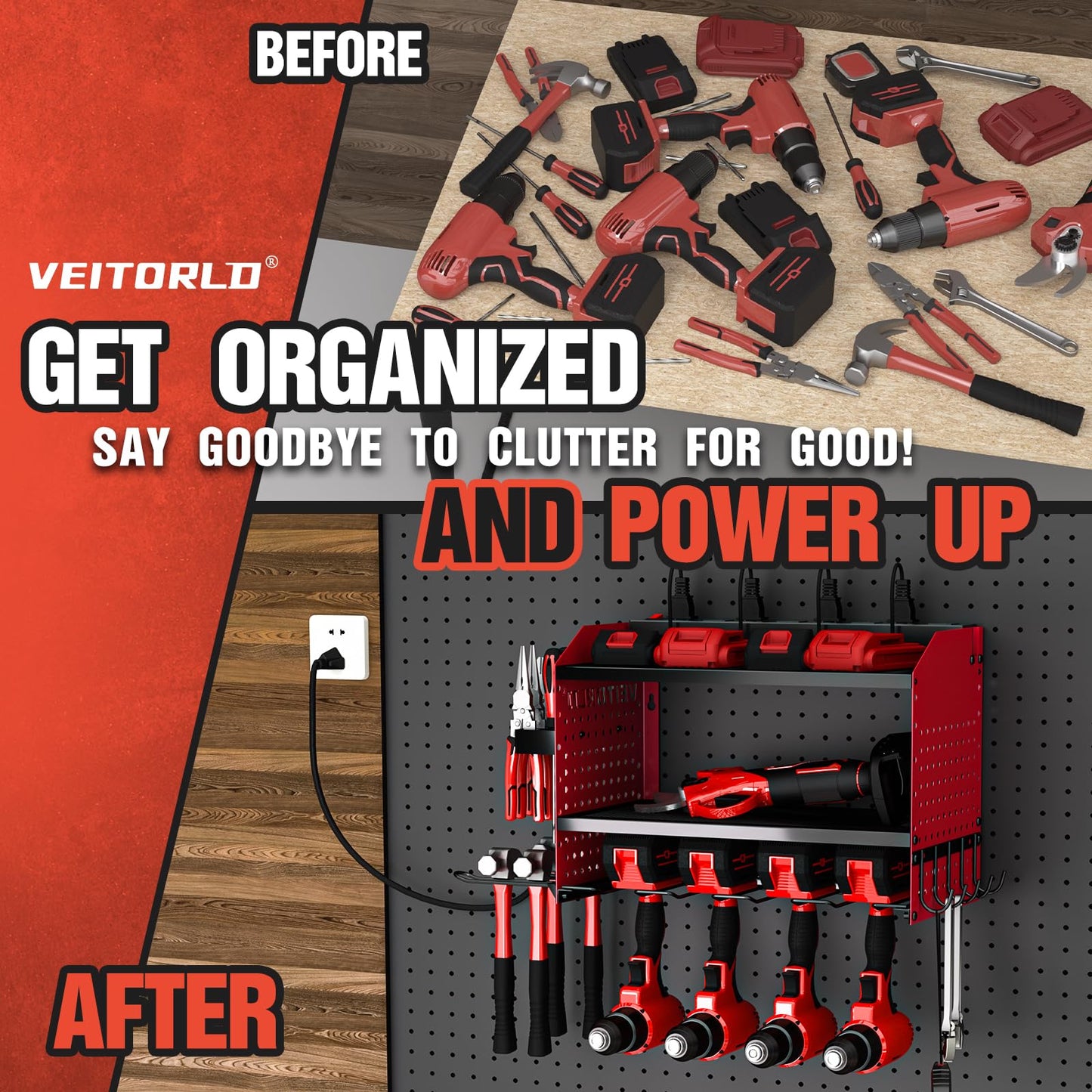 Power Tool Organizer with Charging Station, Heavy Duty Modular Wall Mount Rack for Garage & Shed Organization, 4 Drill Holders, Fathers Day Anniversary Birthday Gifts for Men Dad Him Husband(Red)