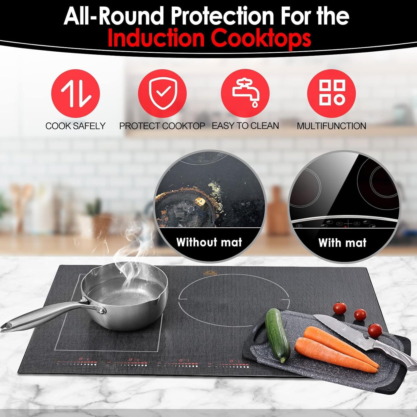 Extra Large Translucent Induction Cooktop Protector Cover Mat (Magnetic) 21.2x35.4 In | 230°C (450℉) Heat-Resistant | Non-slip | Prevents Sliding & Scratches | Semitransparent Black