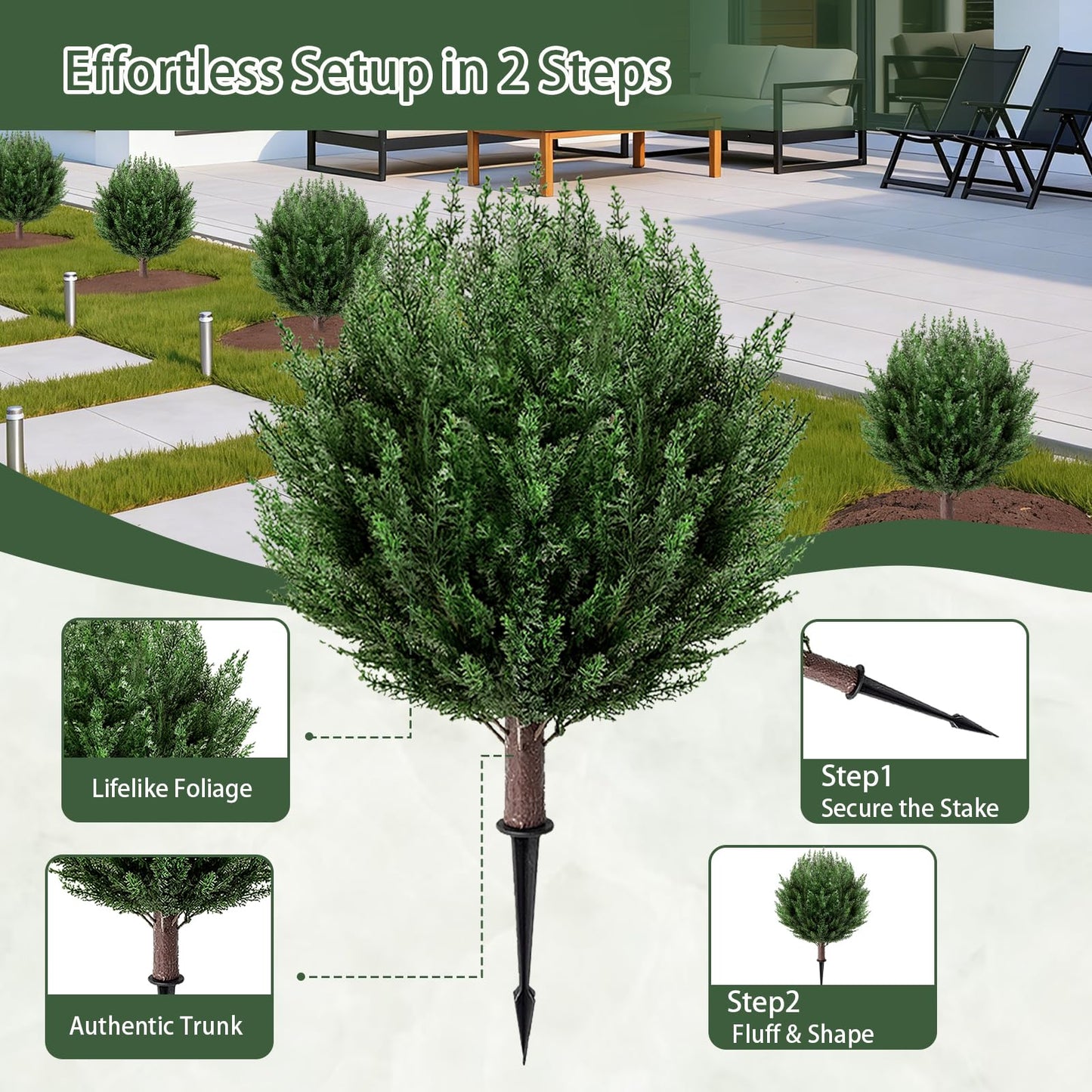 SylvanVerse 2 Pack 2FT Artificial Cedar Topiary Trees with Ground Spike, Fake Pine Shrubs Bushes, UV Resistant Faux Evergreen Cypress Tree Plants for Indoor Outdoor Planters Front Porch