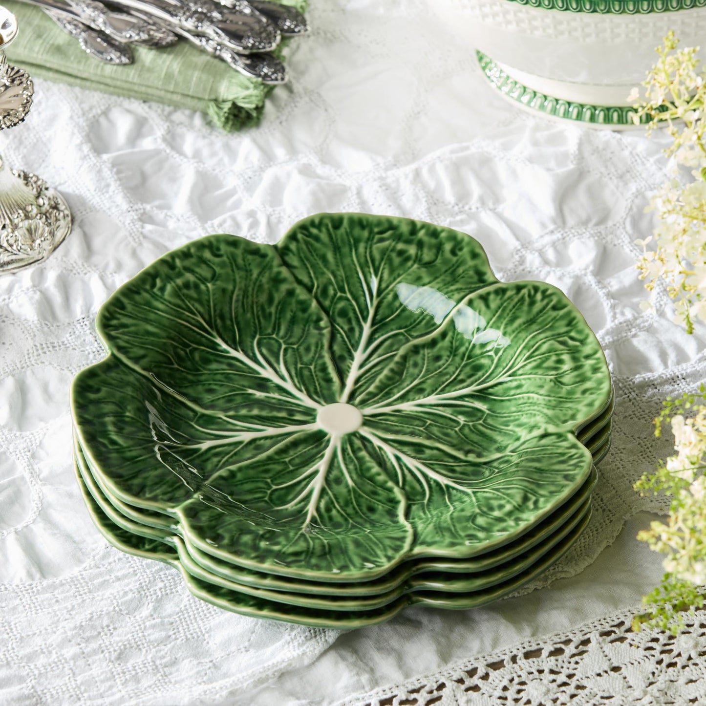 Le Jardin Cabbage 3D DINNER PLATES, SET OF FOUR -11" Sculpted Green Stoneware Leaf Plates – Seasonal Garden-Inspired Tableware for Spring & Summer Dining and Entertaining