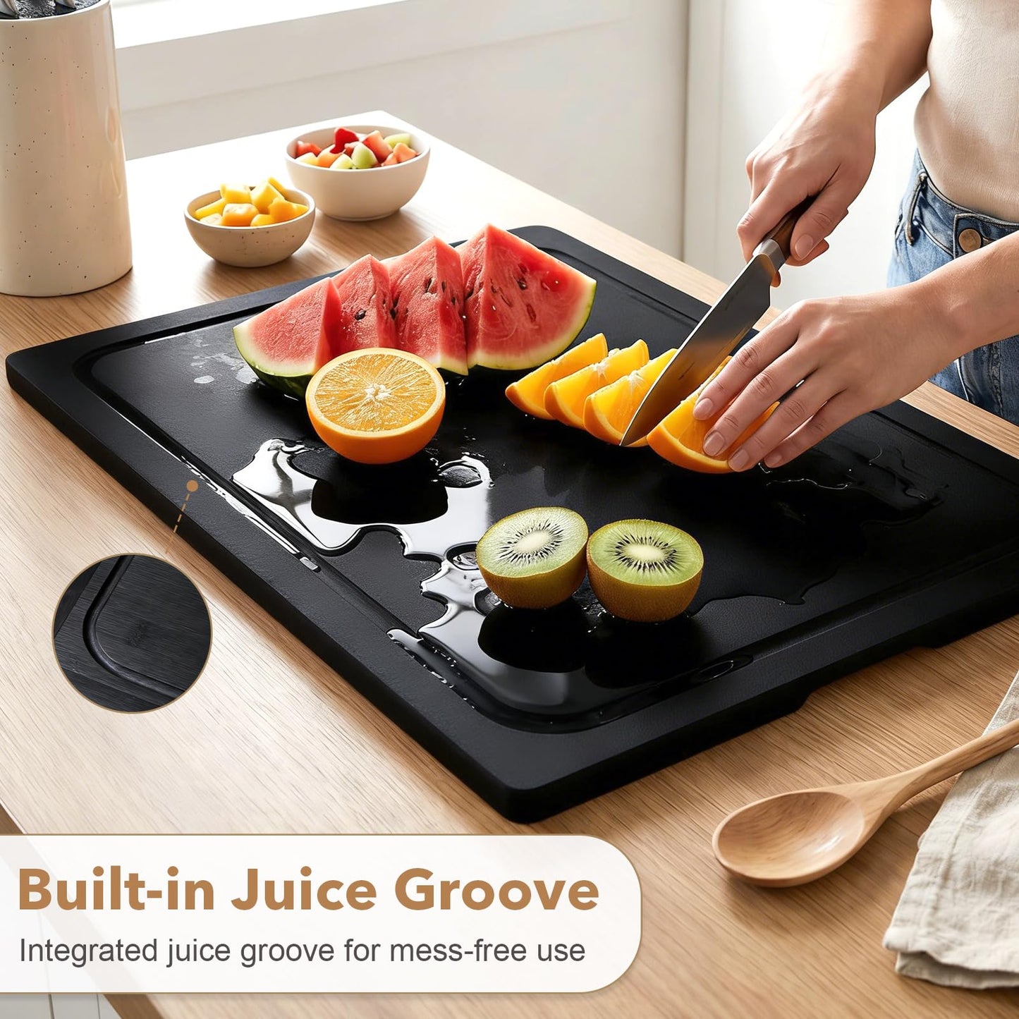 Wood Stove Cover for Electric Stove & Gas Range, 27.56" x 19.69" Black Lightweight Stovetop Cover with Built-In Handles, Juice Groove, Smooth Flat Surface for Extra Counter Space