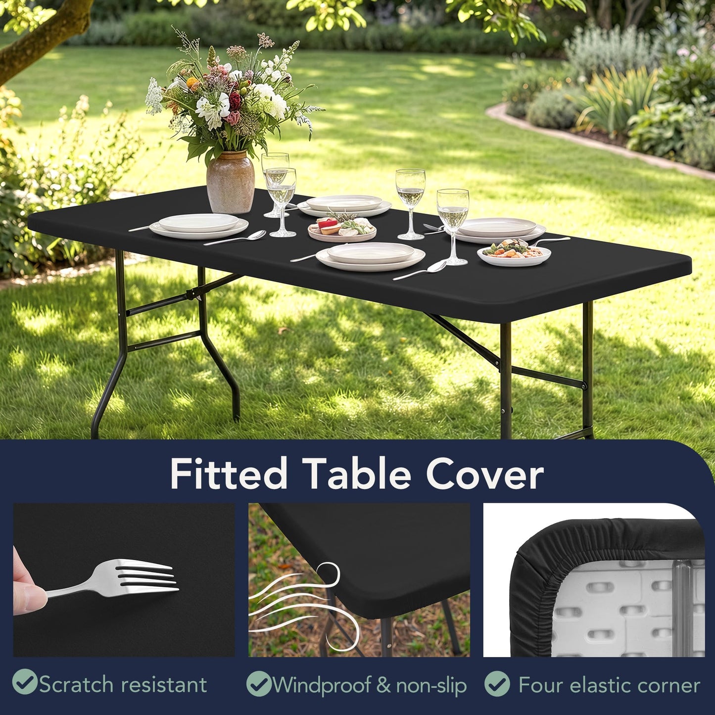 RichSets 6ft Fitted Tablecloth Rectangle - 6 Pack Outdoor Picnic Table Covers with Elastic, Washable Folding Table Protector for Party Banquet Graduation, 30x72 Inch, Black