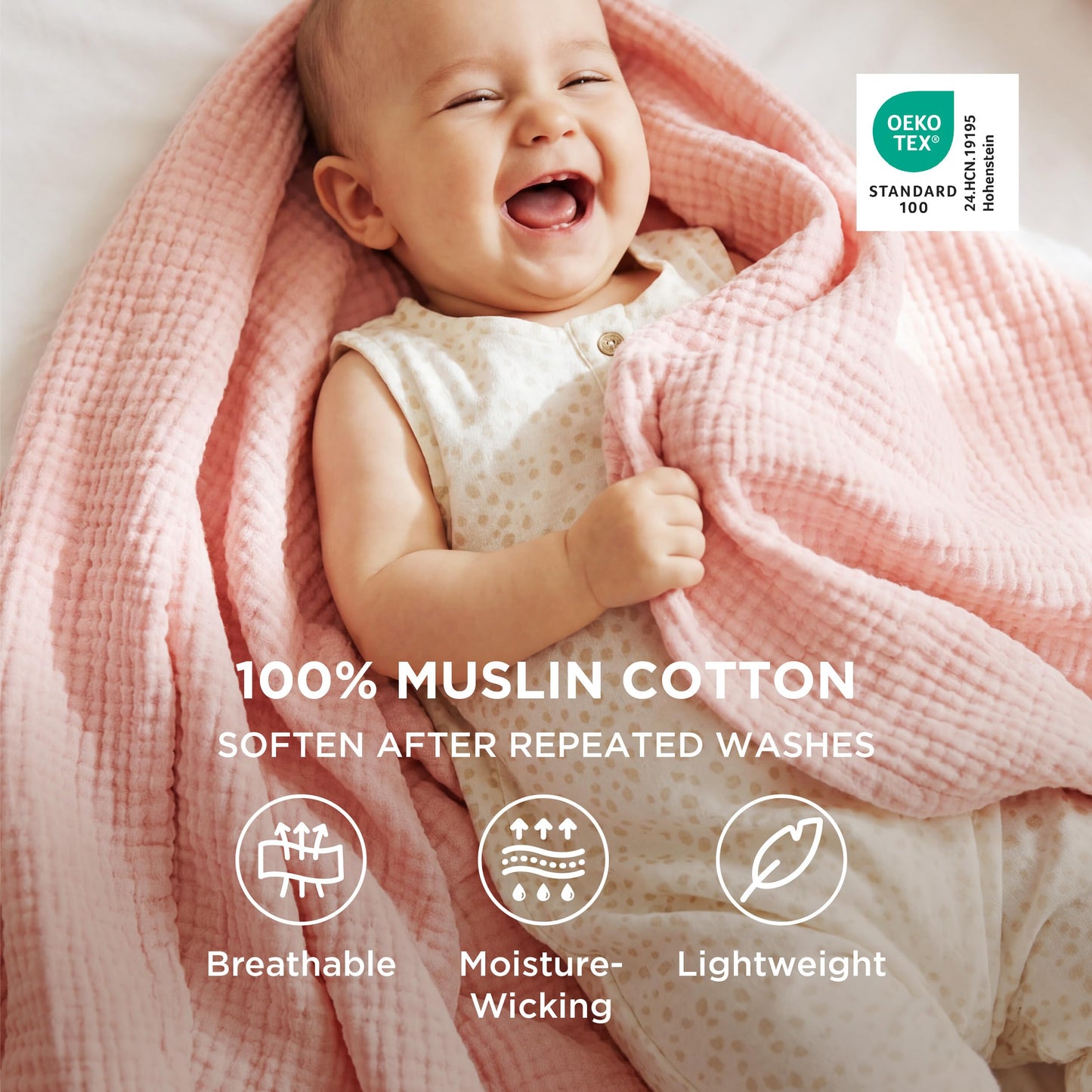 Bedsure 100% Cotton Muslin Blankets for Adults Large Throw 50x70 Inches - 4-Layer Breathable and Lightweight, Soft Boho Gauze Muslin Cotton Blanket for Couch Decor Travel Summer, Pink