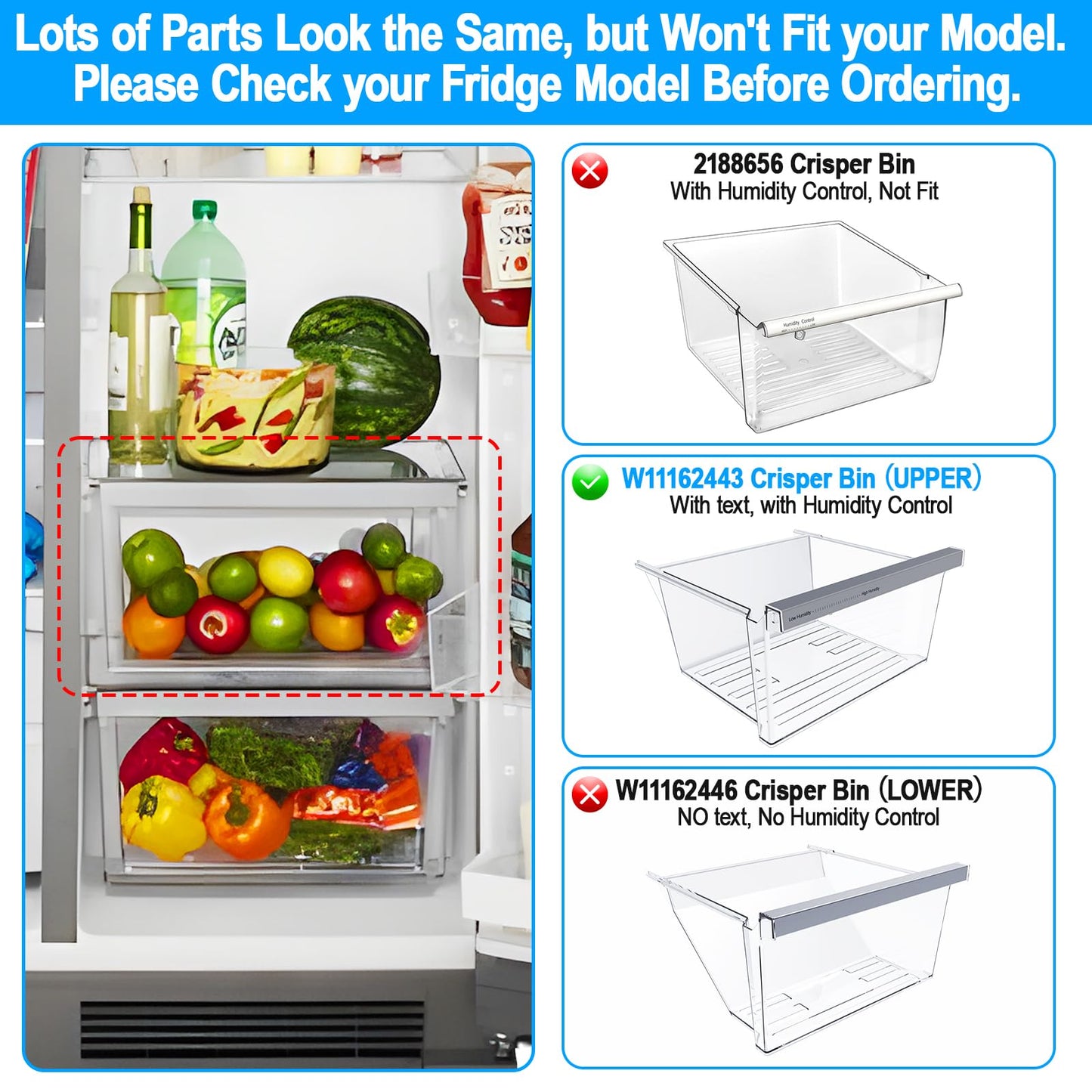 UPGRADED W11162443 Refrigerator Crisper Drawer Compatible with Whirlpool Crisper Drawer W10899435 Whirlpool Fridge Drawer W11046494 Maytag Refrigerator Drawer WRS325SDHZ WRS315SDHZ WRS315SDHM Drawer