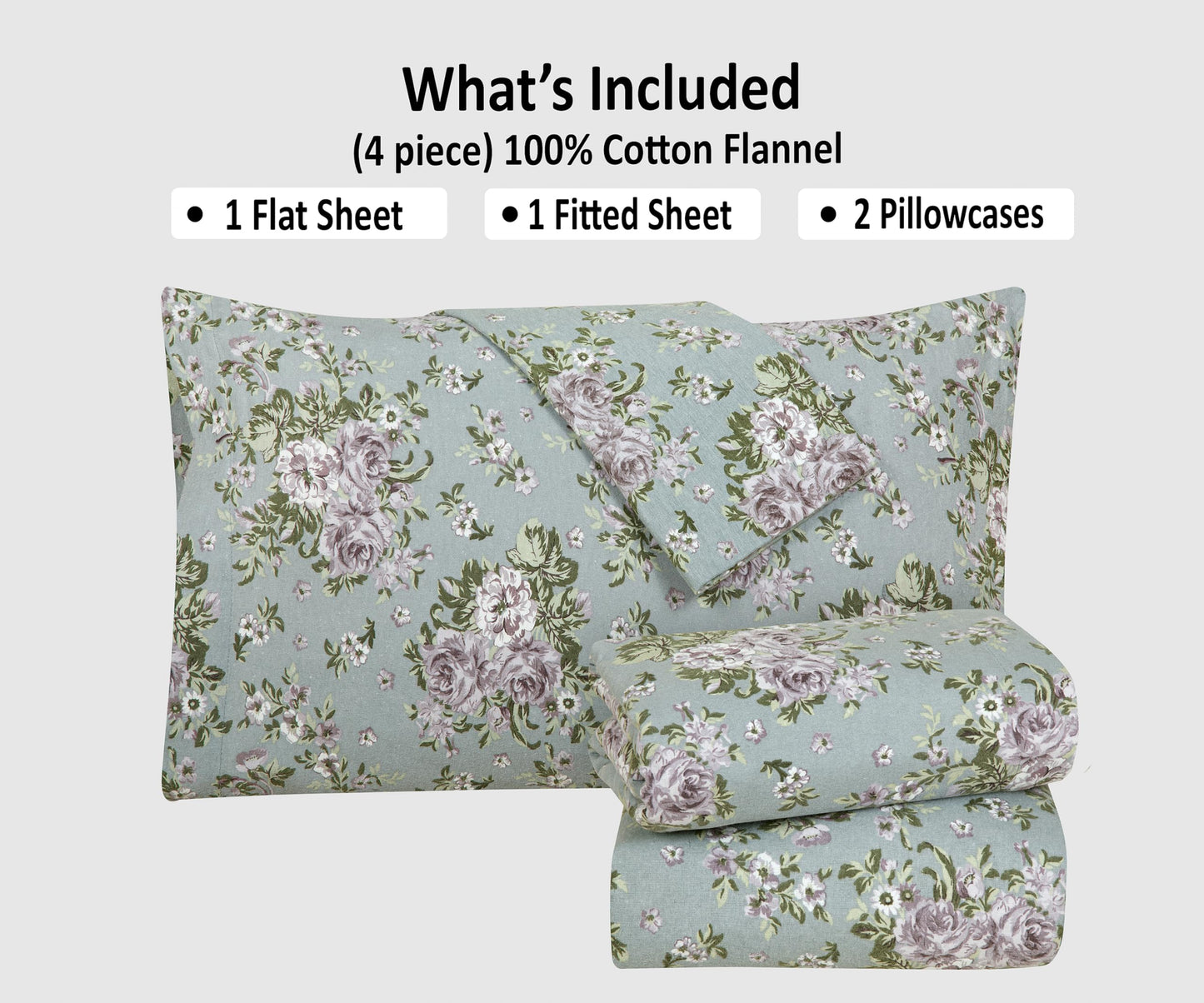 Bliss Casa 4 Piece 100% Cotton Flannel Sheets Queen Size Bed Set - Warm & Extra Soft - Deep Pockets, Breathable, All Seasons Comfy - Double Brushed Bed Sheet (Blossom)
