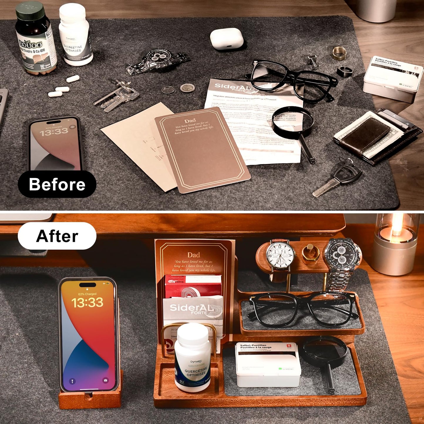 UPERGO Fathers Day Gift for Dad, Wooden Nightstand Organizer Stand, Valet Tray EDC Caddy for Men, Desktop & Tabletop Home Decor – Phone Wallet Keys Watch Holder with Elegant Gift Box
