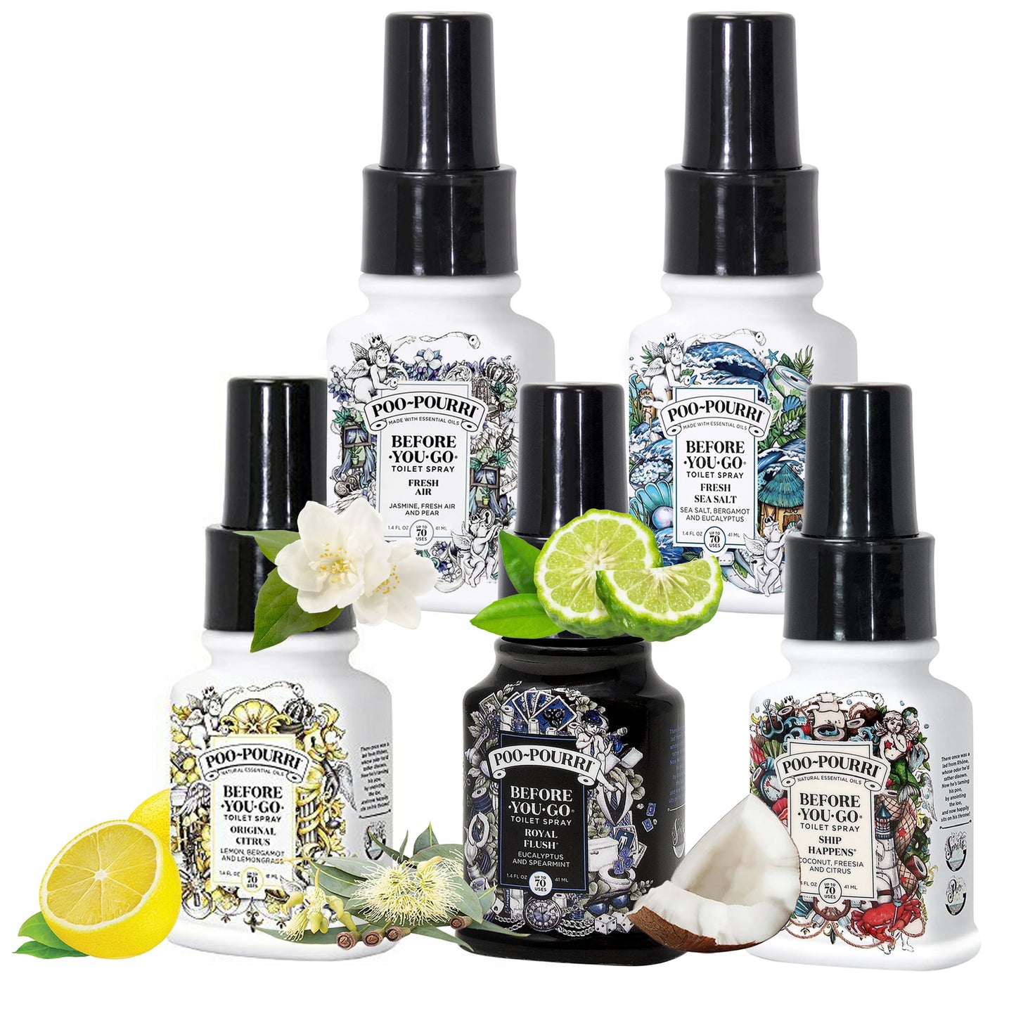 Poo-Pourri Set - Includes Original Citrus, Fresh Sea Salt, Fresh Air, Ship Happens, and Royal Flush 1.4 Ounce Bottles