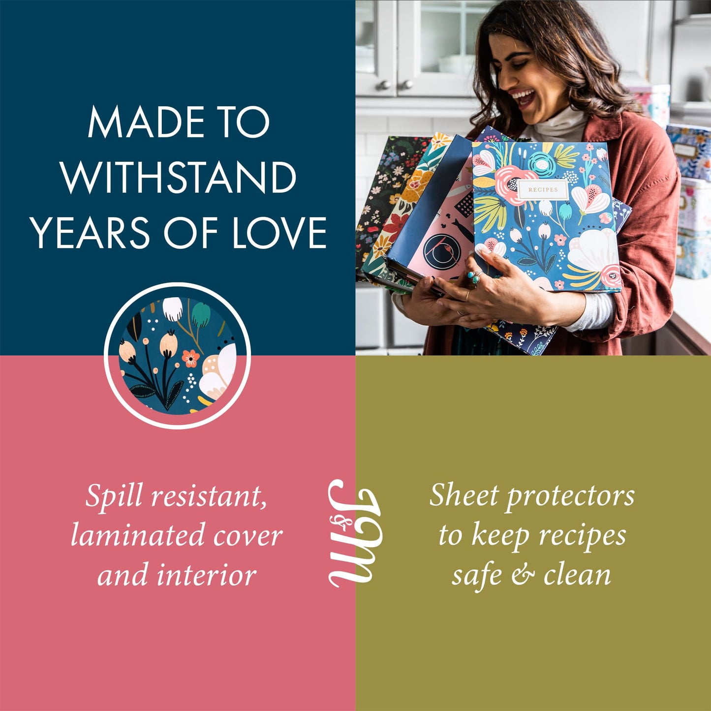Jot & Mark 8.5" x 11" Sturdy 3 Ring Recipe Binder with Spill-Proof Clear Binder Sleeves Sheet Protector, 30 Dual-Sided Recipe Card Pages for Written & Printed Recipes, Tabbed Dividers, Garden Floral