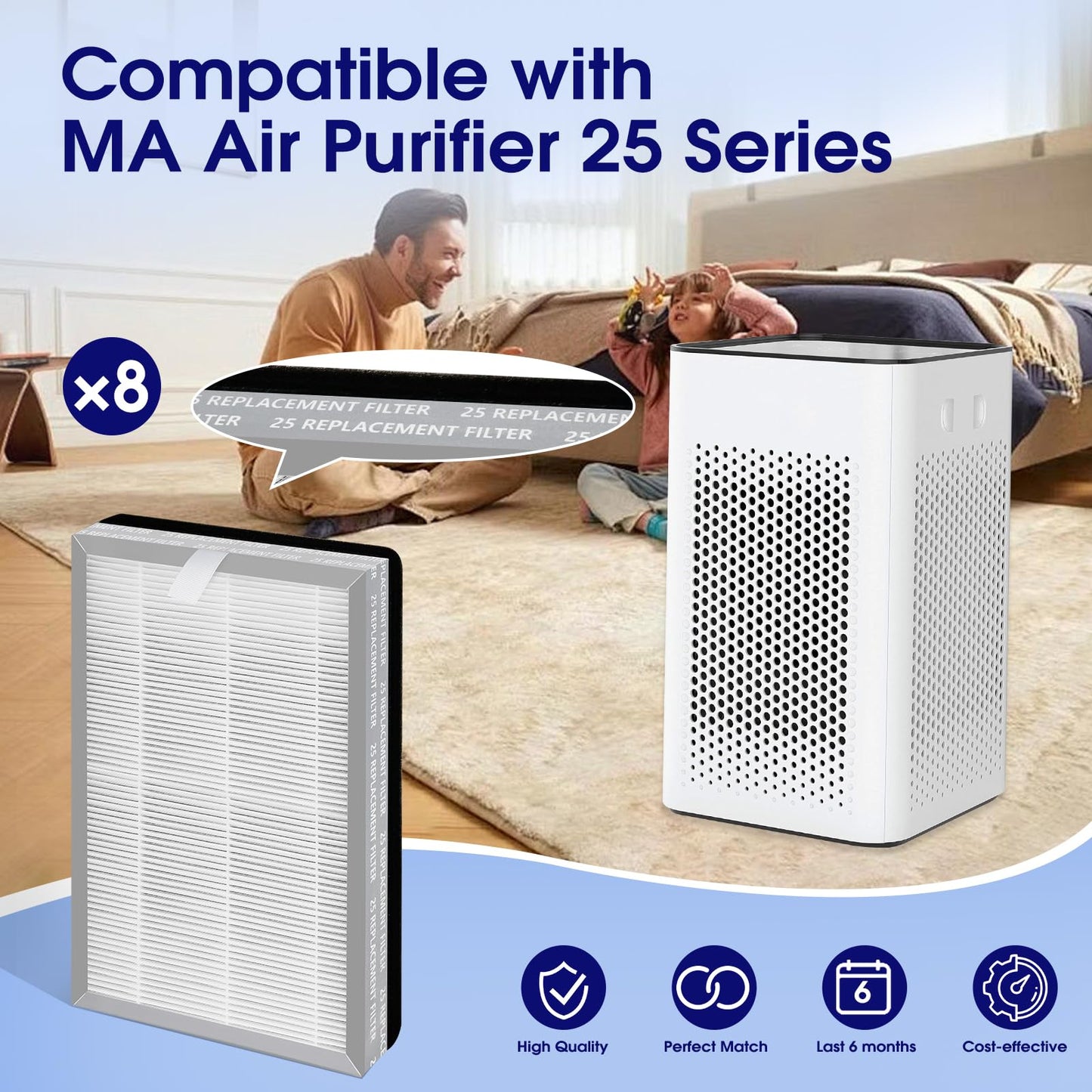 8-Pack 25 Replacement Filter for MA Air Purifier 25 Series (S1/W1/B1), 3-in-1 High-Efficiency H-13 Grade, Pre-Filter and Activated Carbon