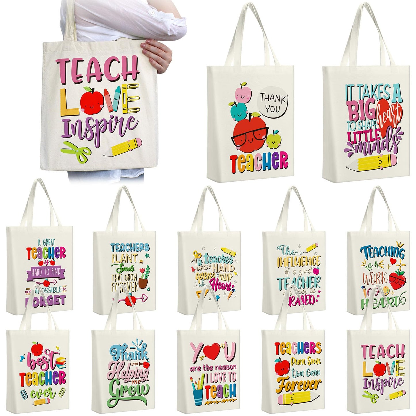 Capoda 12 Pcs Teacher Canvas Tote Bags Large Teacher Appreciation Gifts Bags with Zippers Best Teacher Ever Shoulder Bags for Women Men Teacher's Day Back to School Birthday Retirement Gifts Supplies