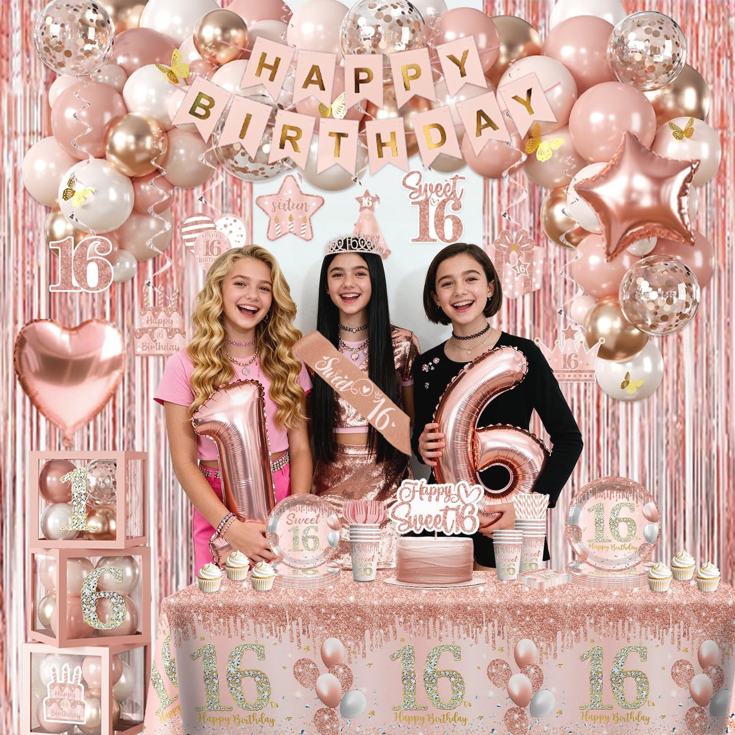 Cocomigo 241pcs Sweet 16 Party Decorations, Complete 16th Birthday Decorations for Girls Sweet 16 Sash Pink Rain Curtains Suitable for Photos at 16th Party, Sturdy 300gsm Paper Plates Serves 25