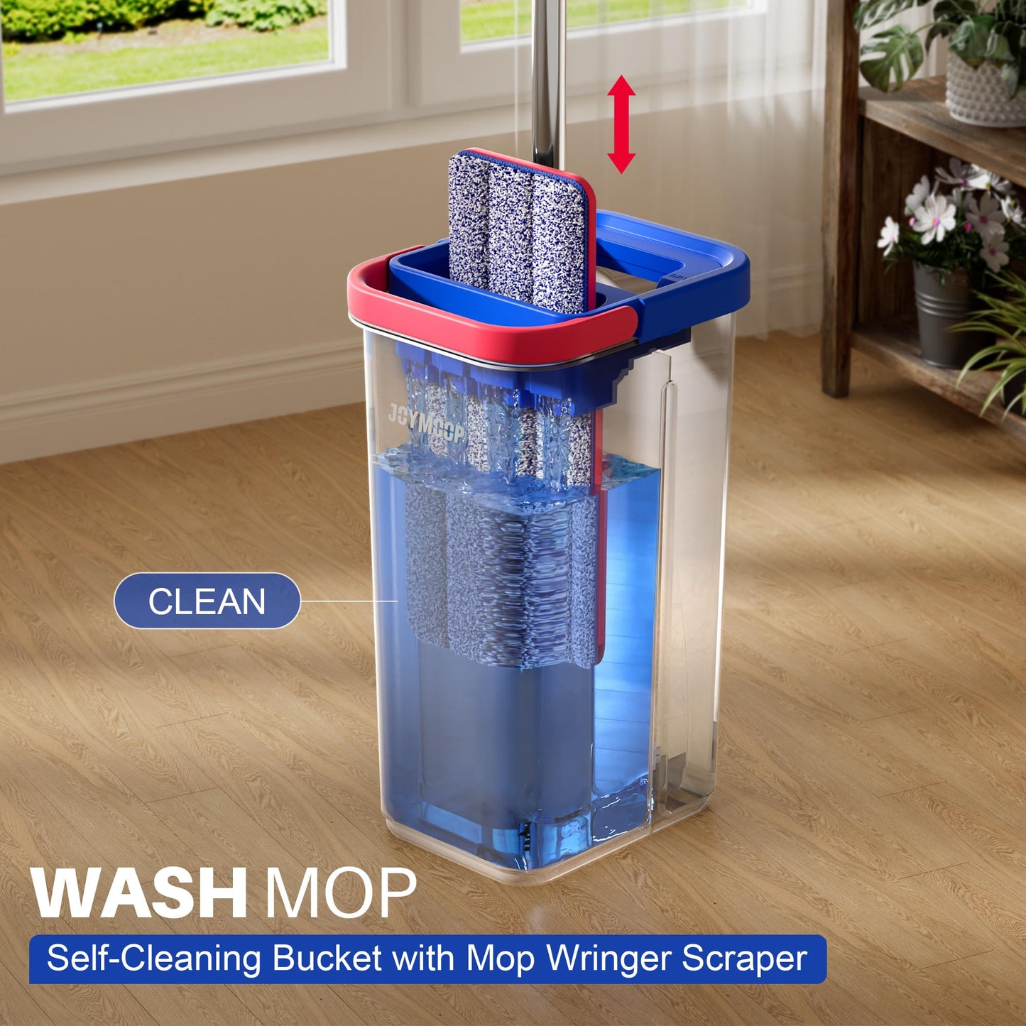 JOYMOOP Flat Mop System, Microfiber Mop and Bucket Set, Black, Floor & Wall Cleaning Mop for Home & Commercial Use, 60" Long Handle, Includes 5 Washable Pads
