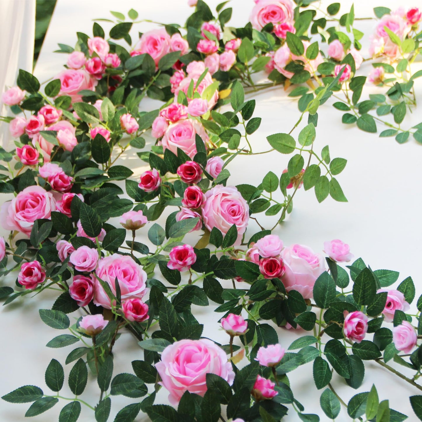 2 PCS 12FT Bendable Flower Garland, Artificial Rose Vine Hanging Floral Garland Decoration for Weding Home Room Wall Decor (Pink)