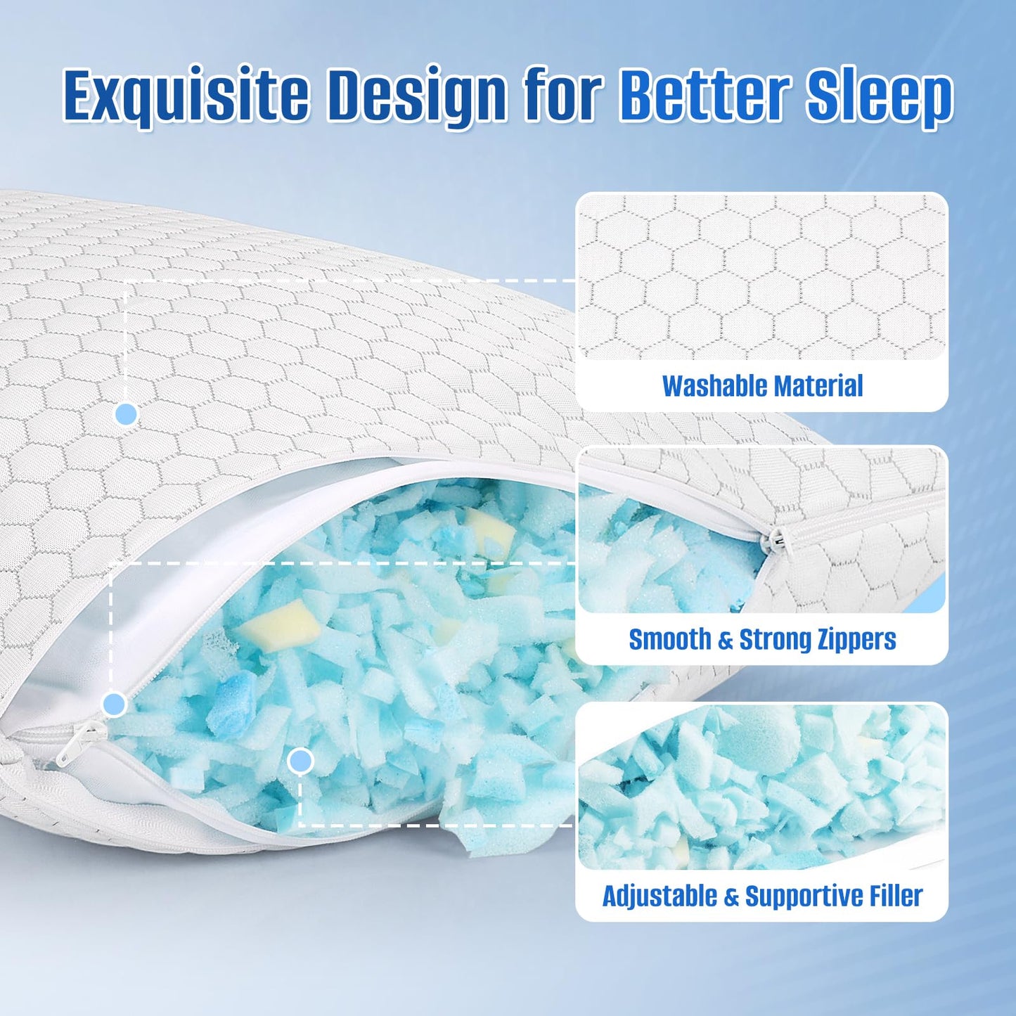 CushyOasis Shredded Memory Foam Pillow for Sleeping, Cooling Bed Pillows Set of 2, Adjustable Pillows for Side, Back, Stomach Sleepers with Washable Pillowcase (Queen Size, Grey)
