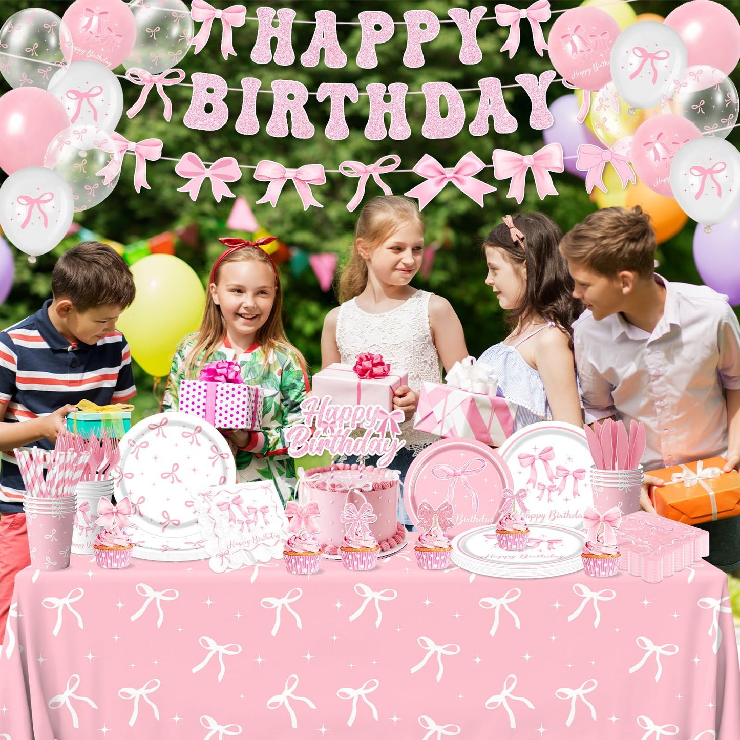 Pink Bow Birthday Party Supplies Serve 24, Coquette Birthday Decorations Include Bow Plates Napkins Cups Banner Tablecloth Cake Topper Balloons Bow Theme Tableware for Girls Bachelorette Decor