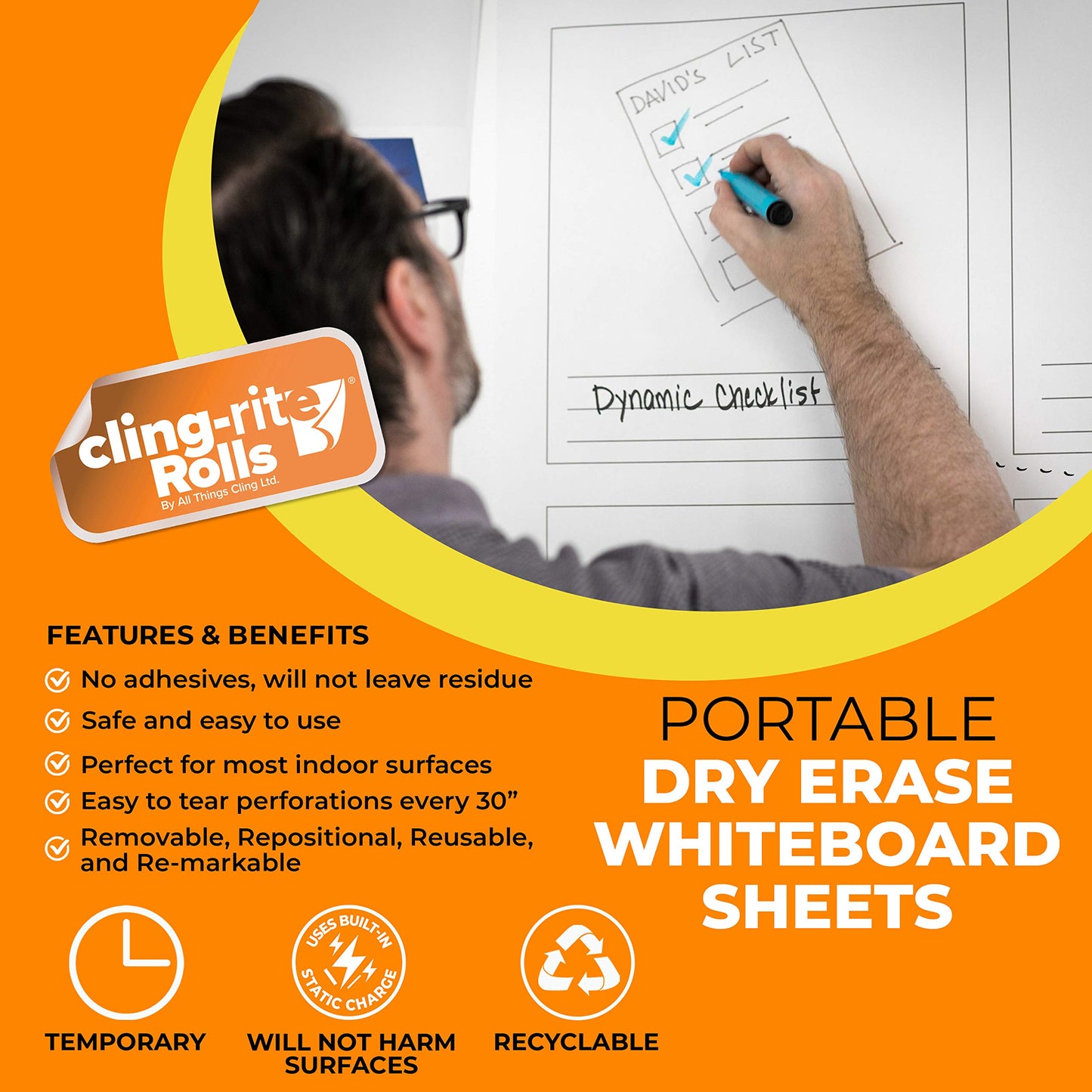 Clingers Dry Erase Cling-rite Roll Basic - Removable, Recyclable Whiteboard, 50' ft Roll, 20x30 Inch Sheets for School, Home, Office Decor, and Art Projects & Dry Erase Marker - American Made