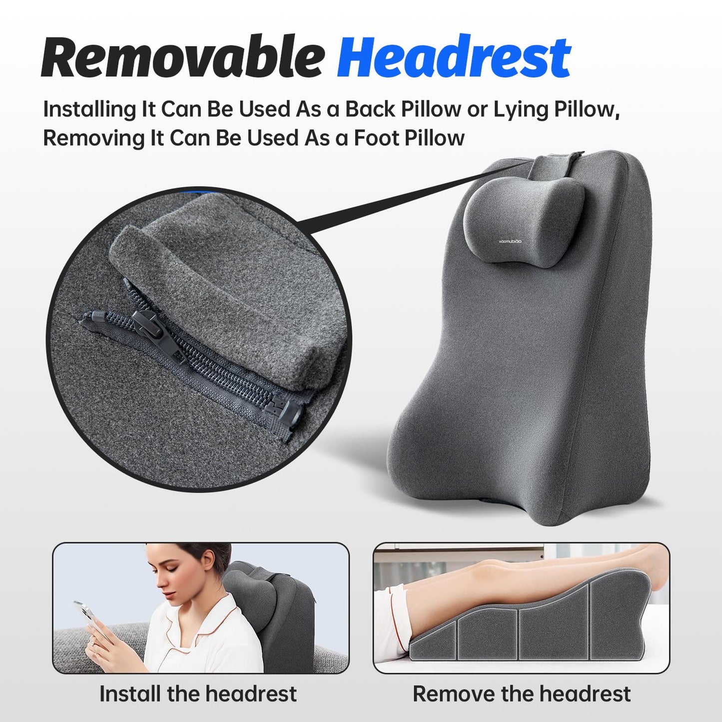 xiaomubiao Reading Pillow, Lumbar Support Pillow for Couch, Sofa Bed Support, Bed Pillow for Sitting up,Ergonomic Memory Foam Pillow for Acid Reflux & Back Discomfort, with Removable Cover Gray