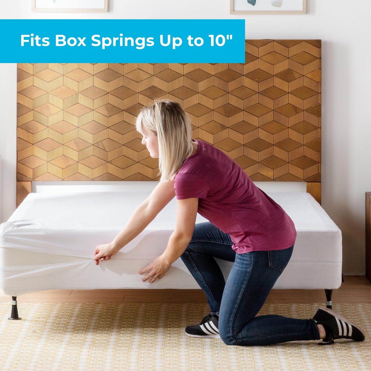 Linenspa Box Spring Encasement – Queen Size Box Spring Cover – Zippered and Waterproof Protector, Complete Protection – White