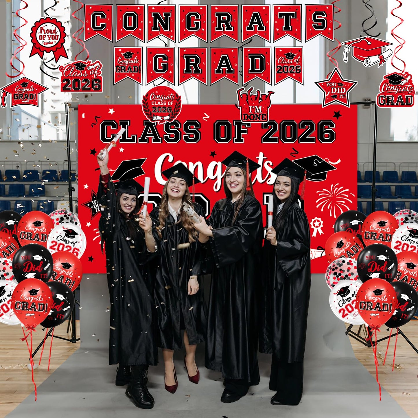 2026 Graduation Decorations, Red and Black Graduation Decorations Set with Congrats Grad Banner & Backdrop, Porch Sign, Hanging Swirls, Balloons, Honeycomb Centerpieces for All Congrats Grad Party Decorations