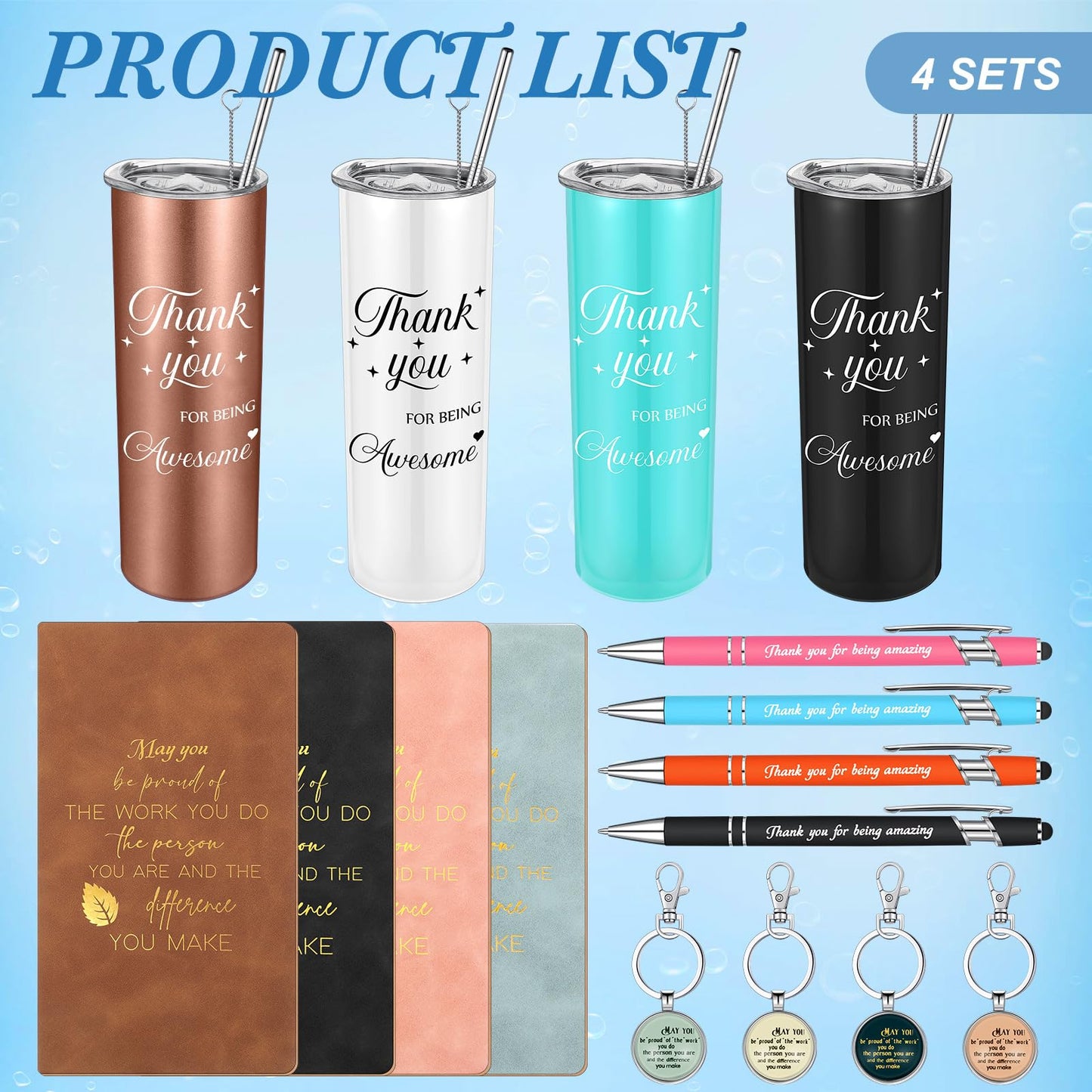 Ireer Employee Appreciation Gifts Thank You Teacher Gifts 20 oz Insulated Tumbler Keychain Pen Notepad(Classic Colors,4 Sets)