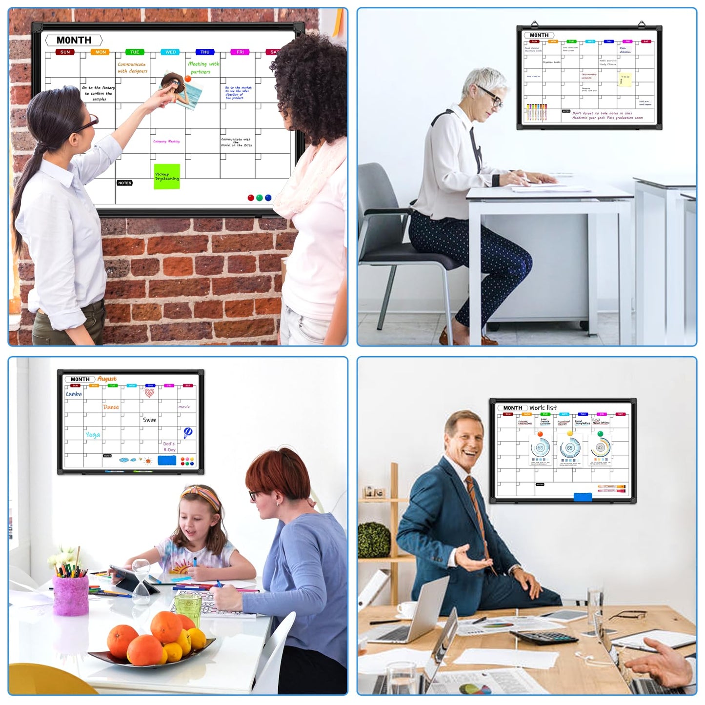 CALENBO Calendar Whiteboard for Wall 24" x 18", Monthly White Board Calendar Dry Erase with Black Aluminum Frame, Dry Erase Board for Office Home and School