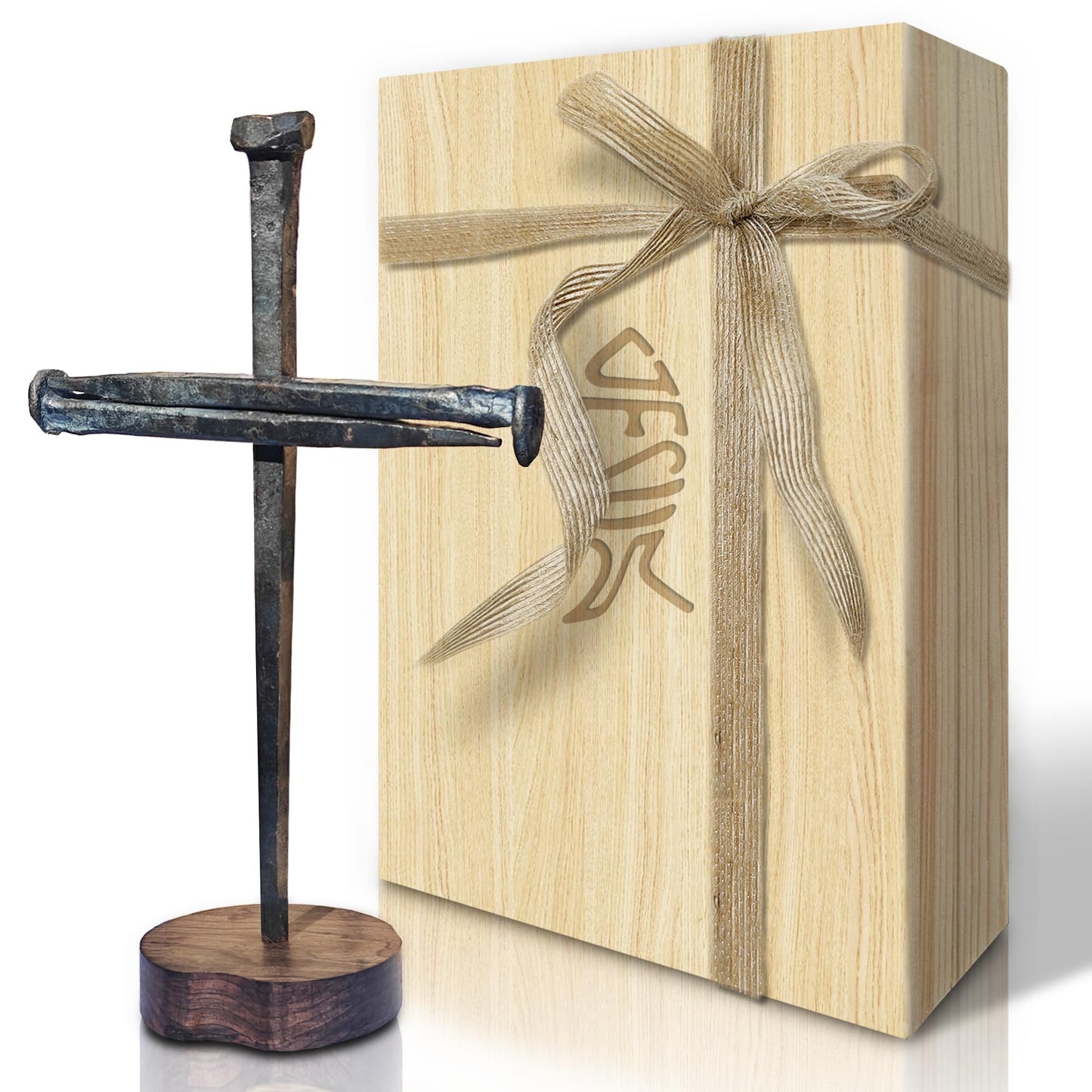 LeMeeOly Jesus Christ Crucifixion Nail Metal Cross Wooden Base, Religious Gifts for Mom Mothers Day, Baptism & Religious Gifts for Men Women,Christian Home Decor (Solid Wood Base)