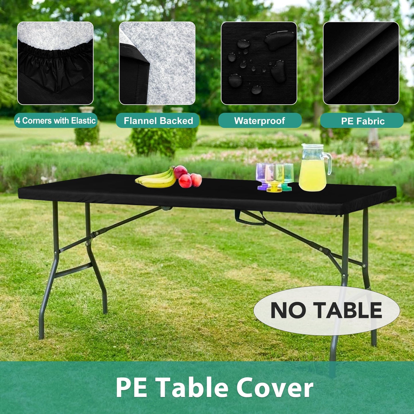 LUSHVIDA 6 Packs Vinyl Tablecloths with Flannel Backing for 8ft Rectangle Folding Table Cloths - Waterproof Plastic Picnic Table Covers with Elastic Corners, 30x96 inch, Black