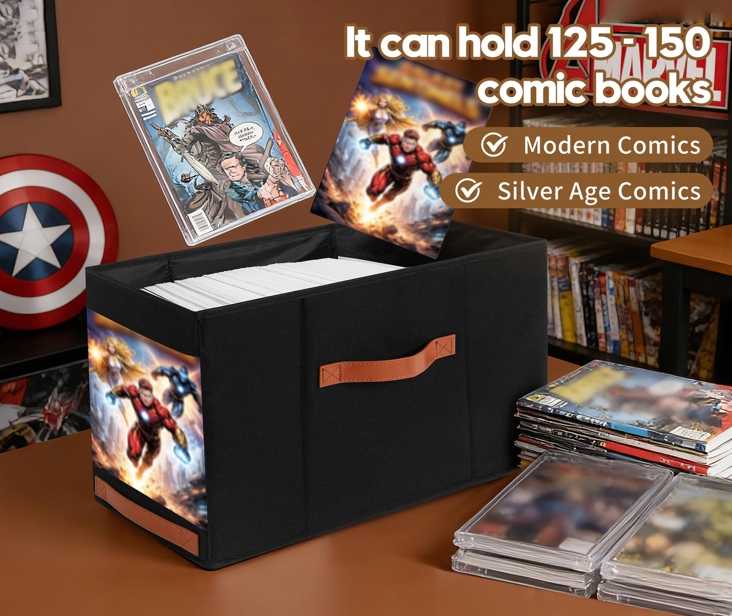 Wanapure Comic Book Storage Box with Display Window, 3-Pack Collapsible Storage Case, Holds 150 Modern & Silver Age Comics Each, Heavy Duty, Stackable & Waterproof, Black