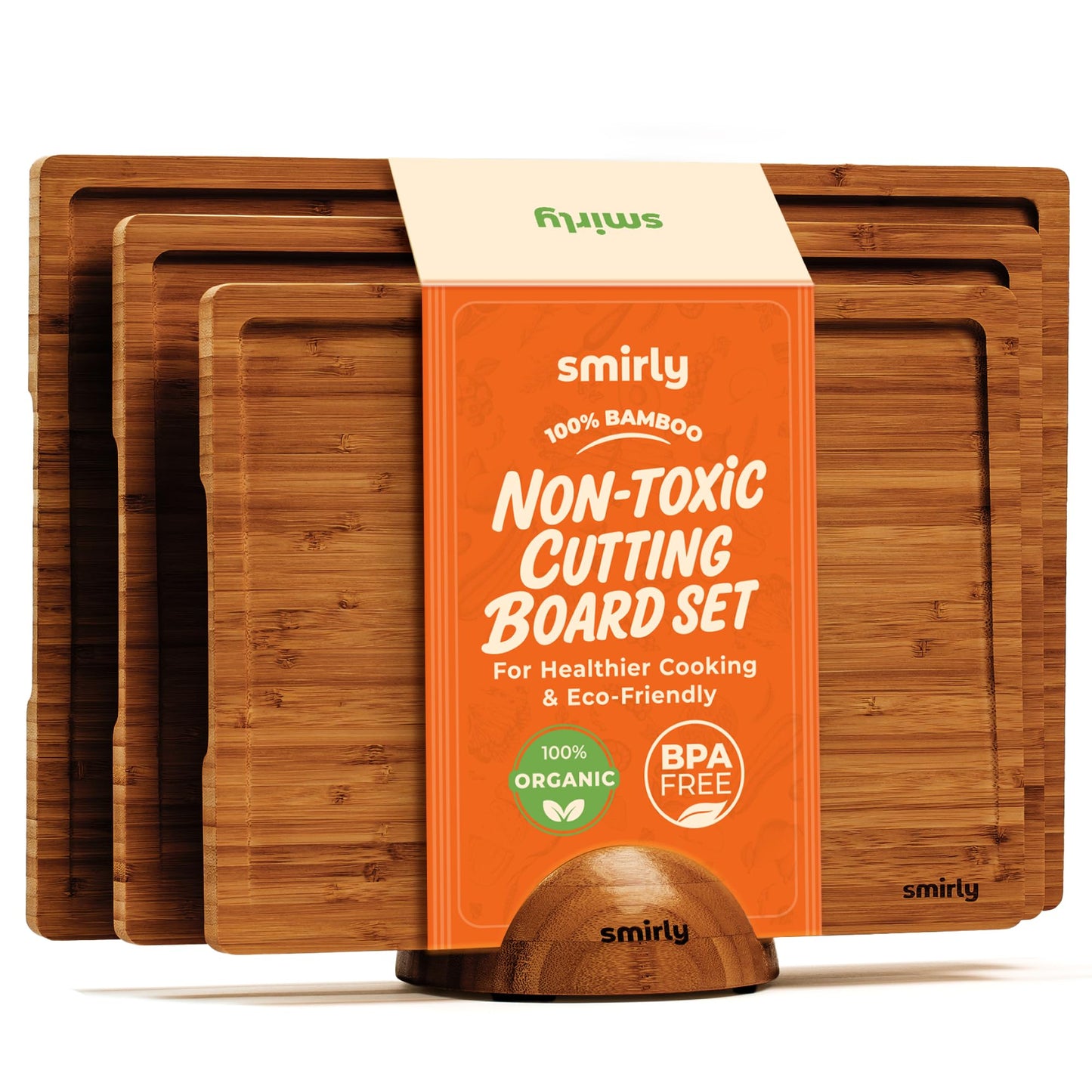 SMIRLY Bamboo Cutting board for Kitchen - Wood Cutting Boards for Meal Prep, Serving, Charcuterie - Kitchen Gadgets, House Warming Gifts - Wooden Chopping Board Set of 3 with Holder - Brown Bamboo