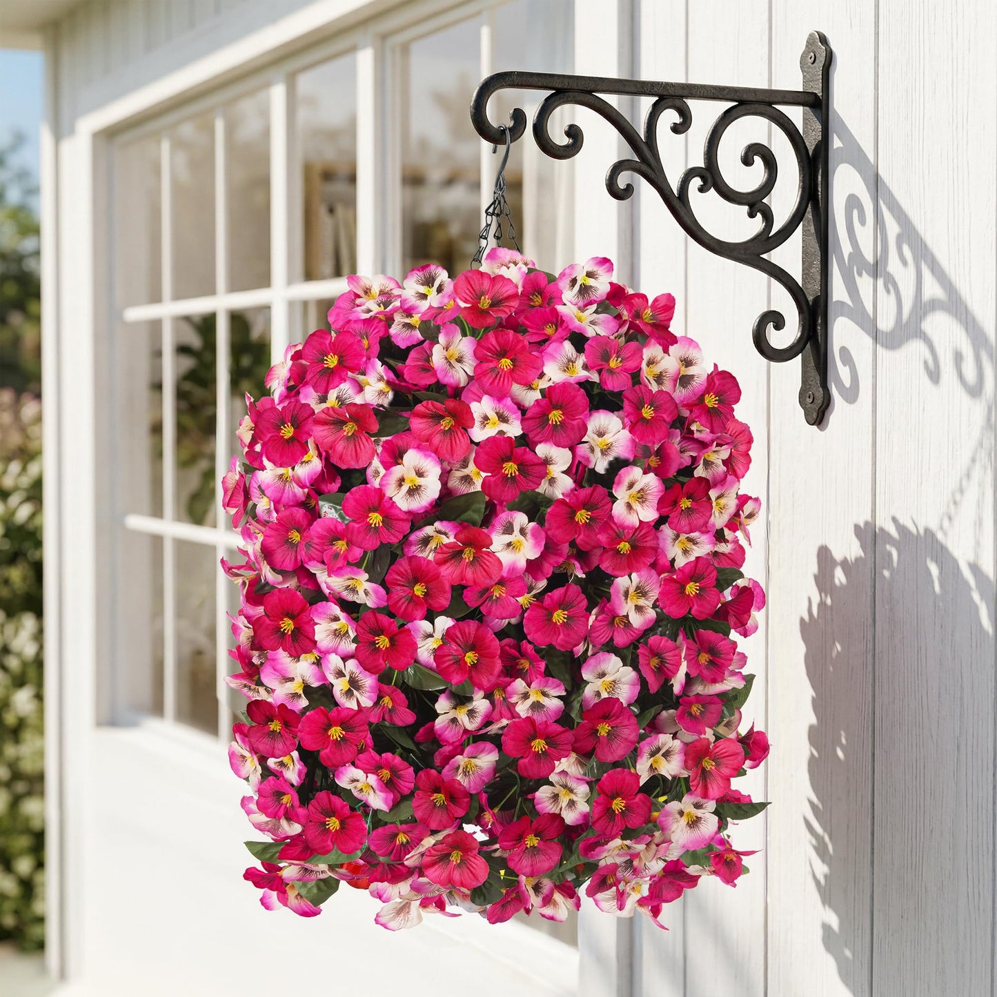 HyeFlora 4pcs Artificial Flowers for Outdoors Fake Pansy with Hanging Basket UV Resistant Silk Spring Faux Flowers for Outside Front Door Porch Yard (Mix Rose)