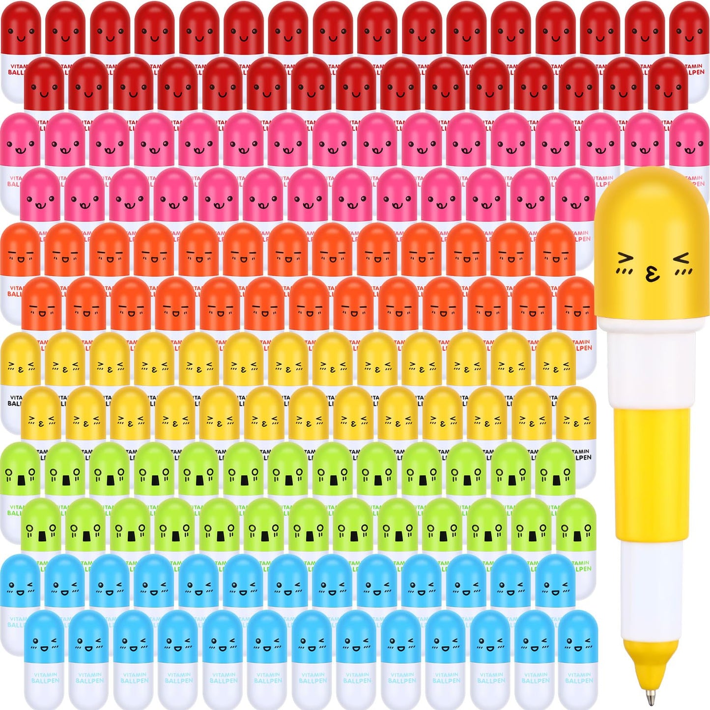 Lincia 200 Pcs Pen Pills Bulk Pharmacy Gifts Ballpoint Pen Cute Cartoon Emotion Ball Novelty Face Retractable for Nurse Week School Doctor, 6 Colors